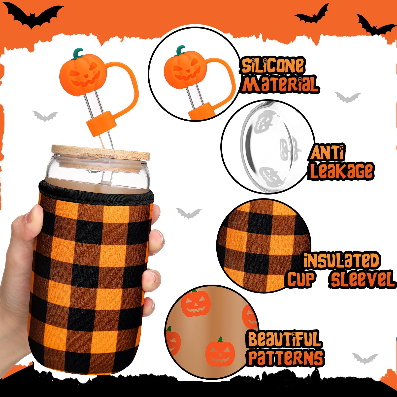 Blushtier Halloween Glass Coffee Cup with Lid and Straw 16oz Spooky Iced Coffee Mug with Sleeve Boo Basket Stuffers Halloween Gi