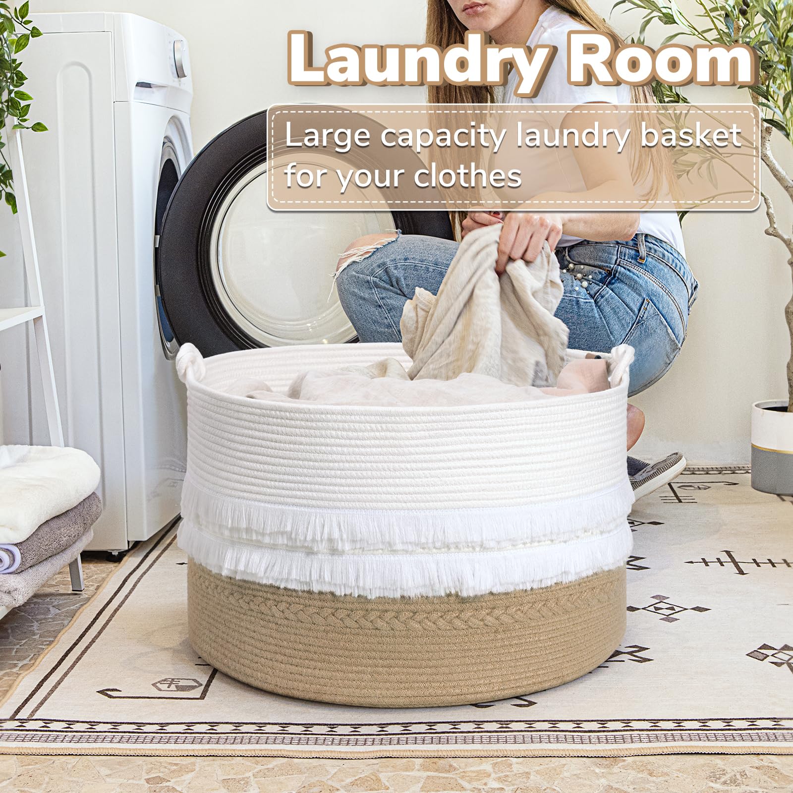 Cherrynow Large Wicker Laundry Basket For Entryway, Bedroom, Jute Decorative Basket For Clothes, Toys, Portable Towel Basket For