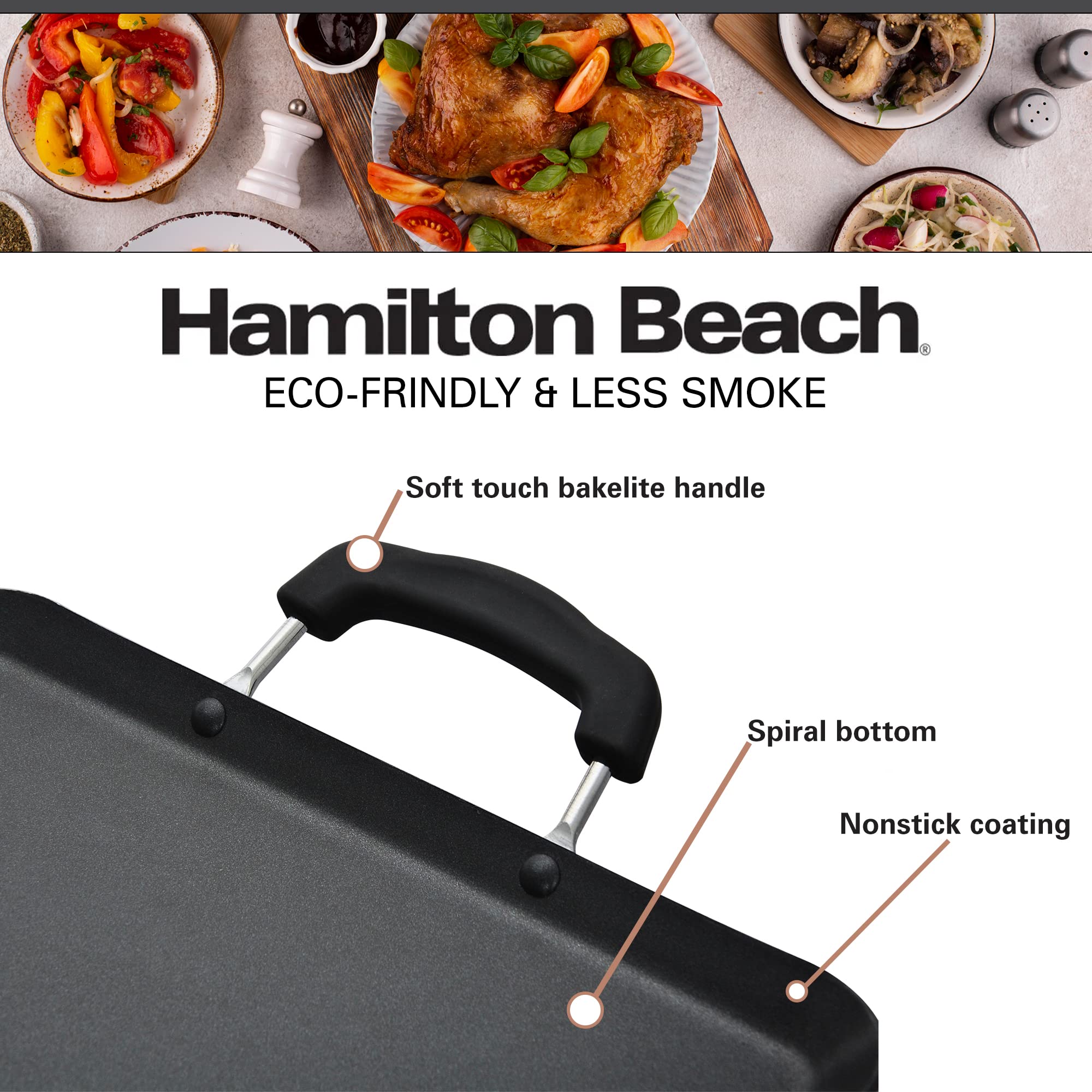 Hamilton Beach Nonstick Double Griddle 19X11-Inch - Black Aluminum Griddle With Soft Touch Bakelite Handle - Flared Edge - Spira