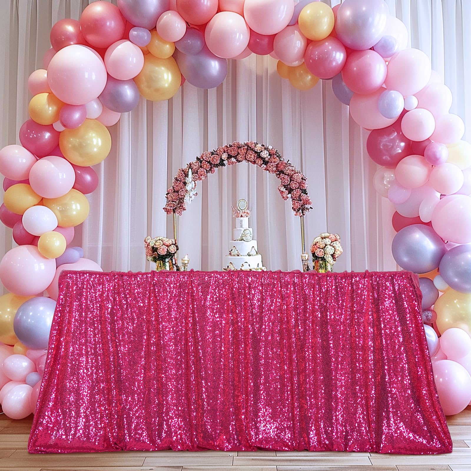 Poise3Ehome 50X72'' Rectangle Hot Pink Sequin Tablecloth For Party Cake Dessert Table Exhibition Events, Hot Pink