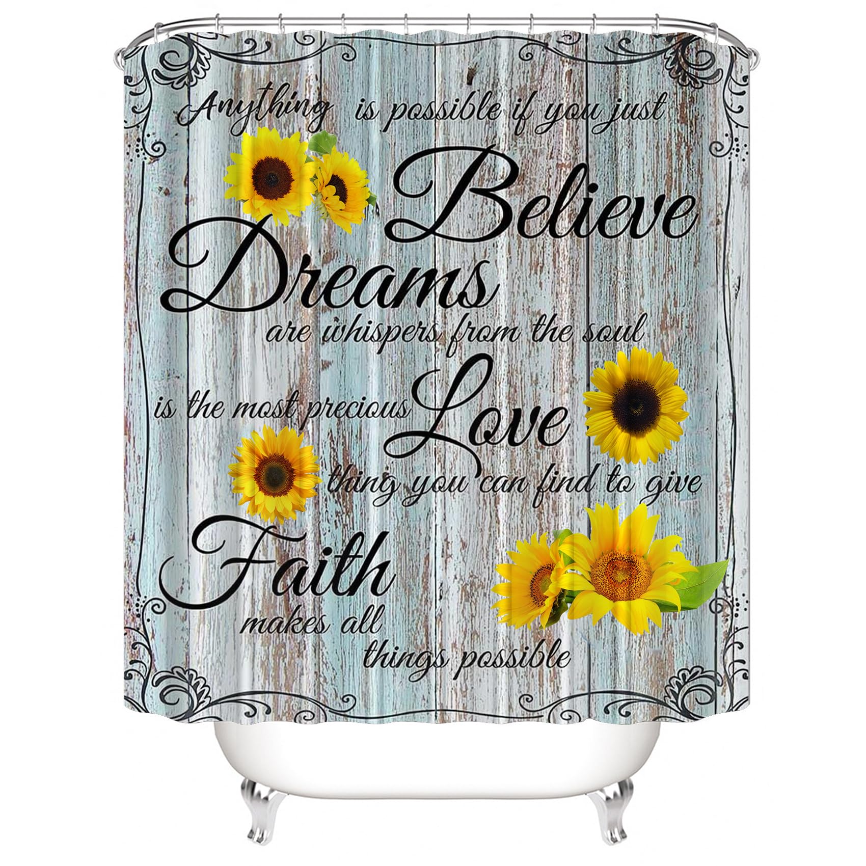 Azhm 4Pcs Farmhouse Shower Curtain Sets Sunflower Bathroom Decor Set Inspirational Quotes Bathroom Curtain Shower Set With Rugs