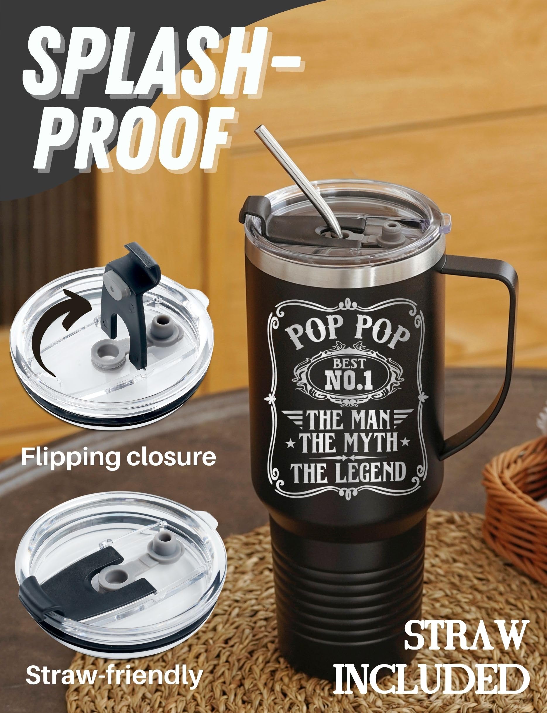 Onebttl Grandpa 40Oz Tumbler With Handle, Presents From Grandkids For Father'S Day, Christmas, Birthday, Retirement, Stainless S