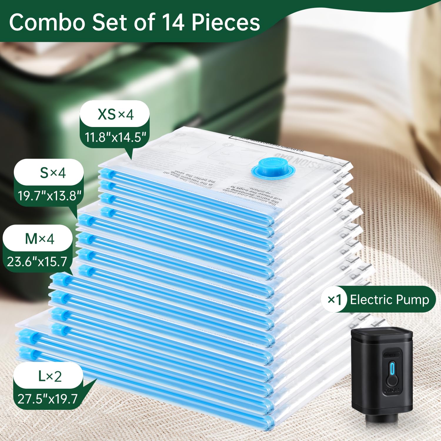 Brodi 14 Combo Pack Travel Vacuum Bags With Pump - Compression Bags For Travel,Vacuum Storage Bags For Space Saver & Travel Esse