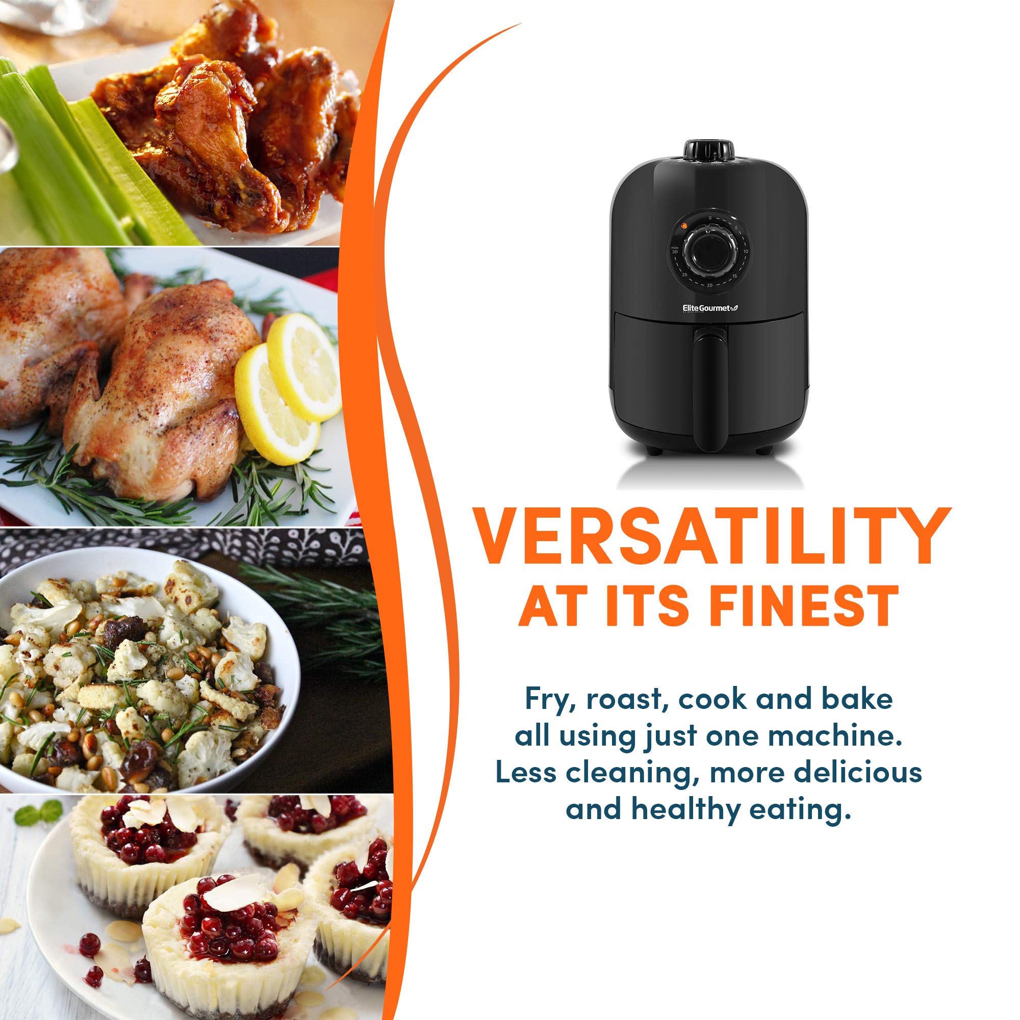 Elite Gourmet EAF-1121X Electric Hot Air Fryer, 1.1 Qt, Black, Oil-Less, Compact, Timer & Temperature Controls, 1000W