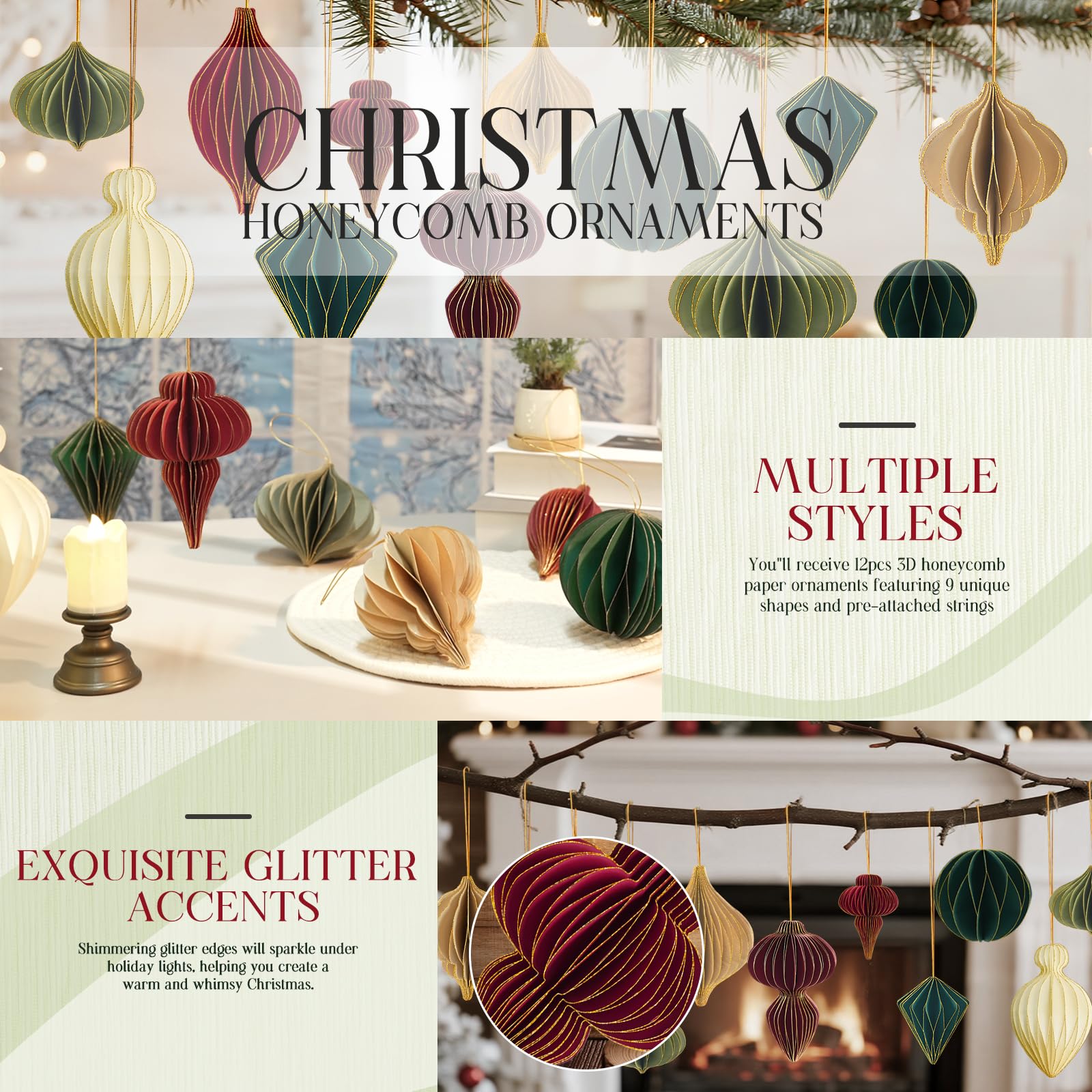 12Pcs Christmas Paper Honeycomb Ornaments for Tree, 3D Glitter Edge Paper Honeycomb Lanterns Foldable Neutral Hanging Decoration