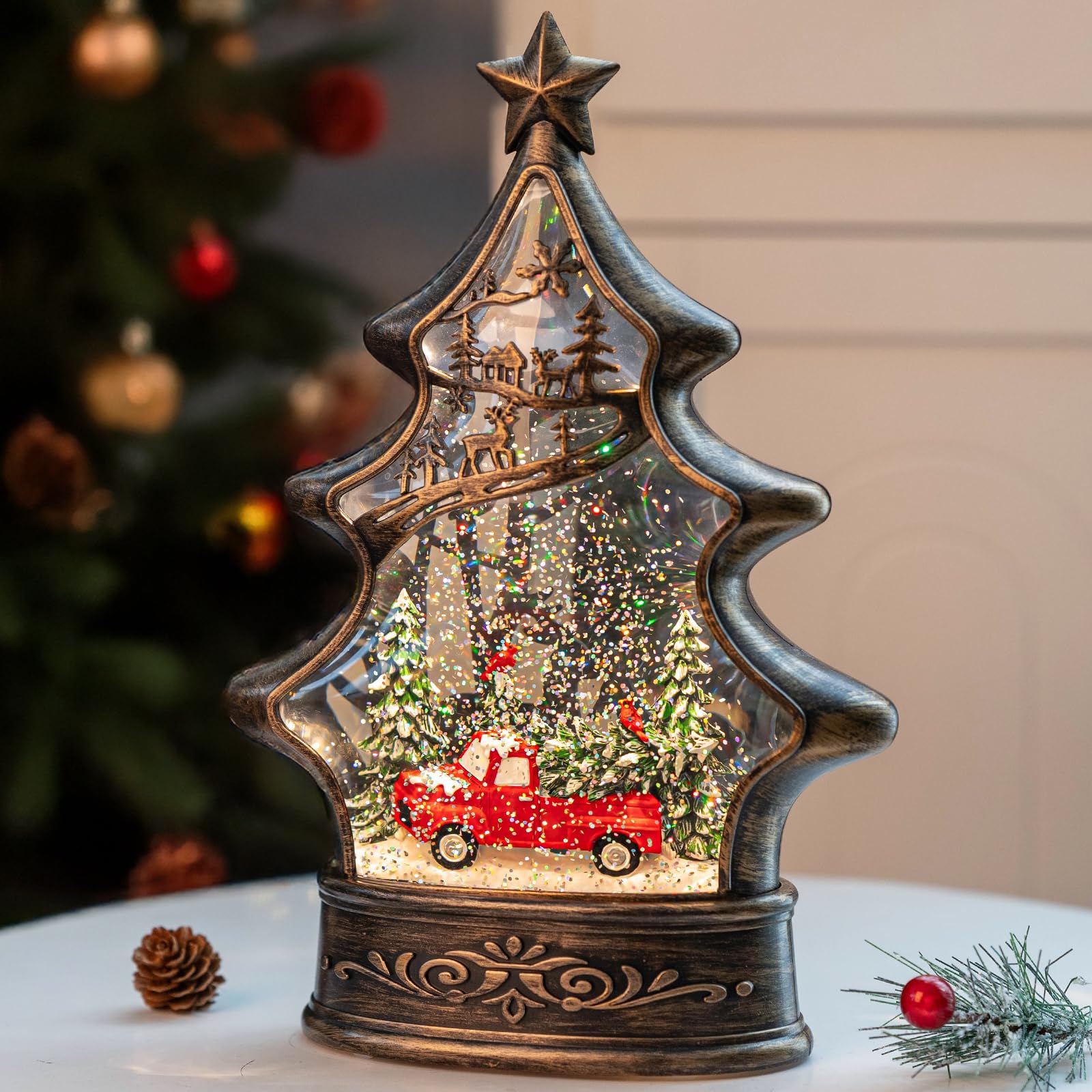 Christmas Snow Globe Lantern Water Glittering Christmas Tree with Red Truck, USB Lined/Battery Operated Lighted Lantern for Chri