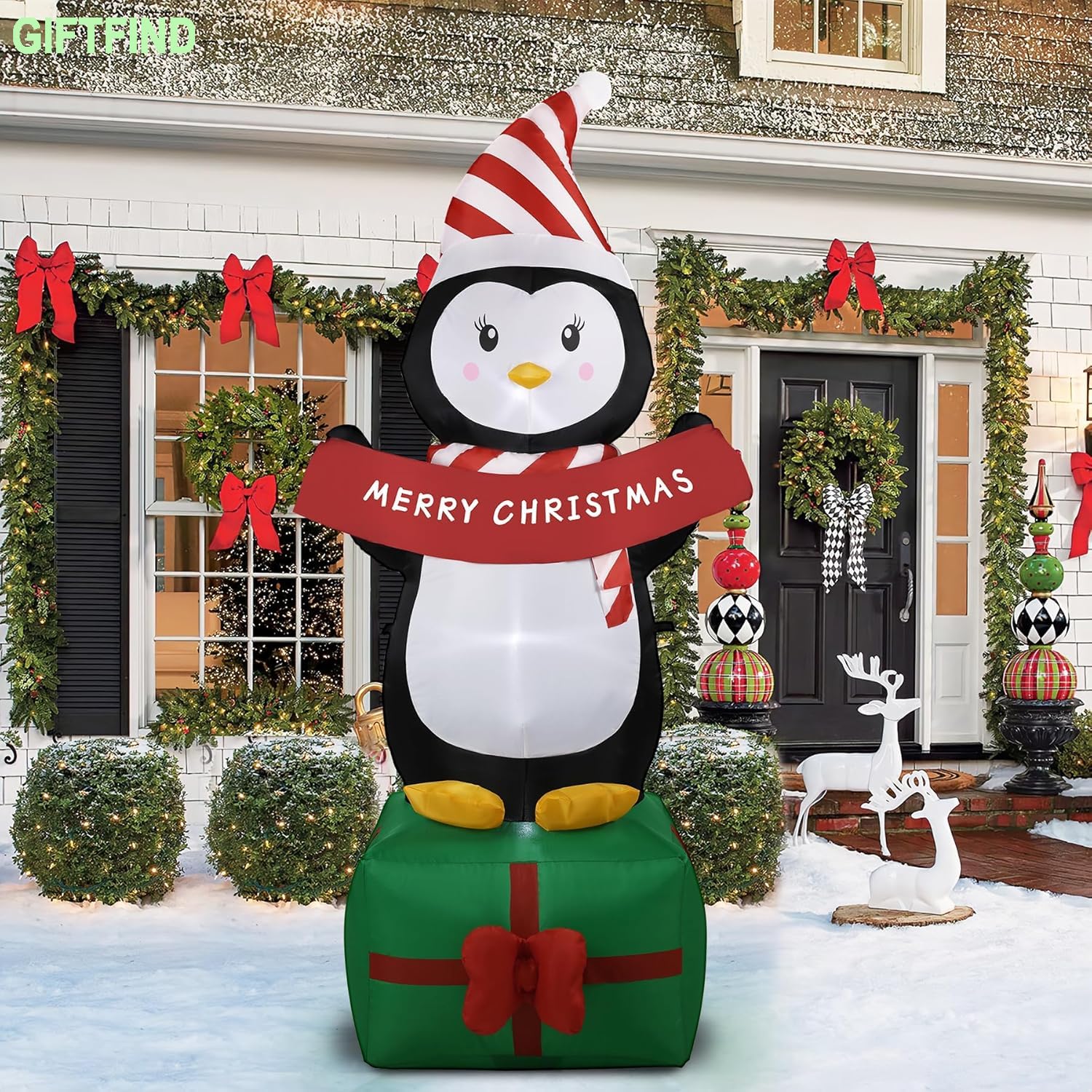 GIFTFIND 6FT Christmas Penguin Inflatables Decoration with LED Lights, Blow Up Outdoor Decoration for Christmas Party, Holiday X