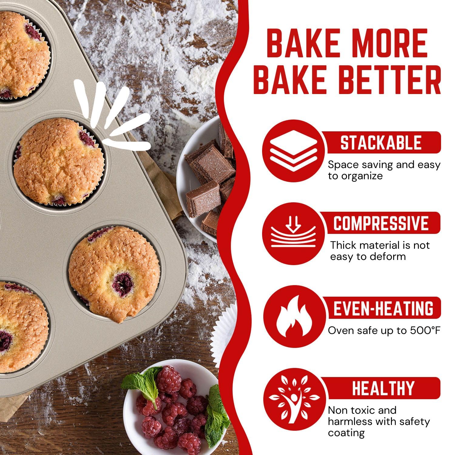 Flexzion Muffin Tray Cupcake Baking Pan 2 Pack, 6-Cup Nonstick Carbon Steel Muffin Tins Non-Stick Cupcake Tin Bakeware Accessori