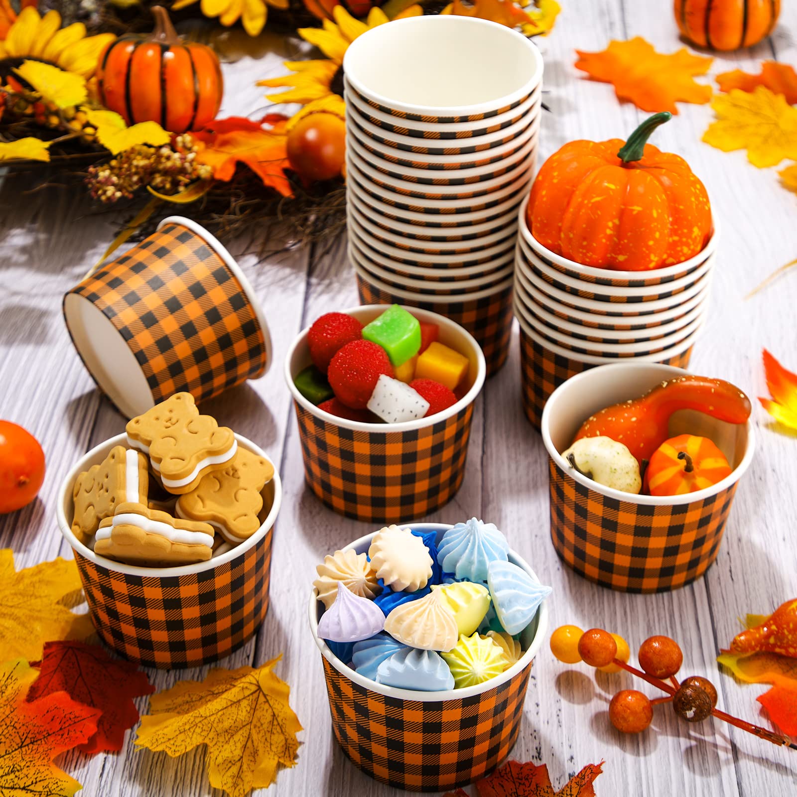 Potchen 50 Pack 9 oz Fall Soup Bowls Disposable Paper Cups Fall Themed Disposable Dessert Bowls Gingham Paper Snack Cups for Hot