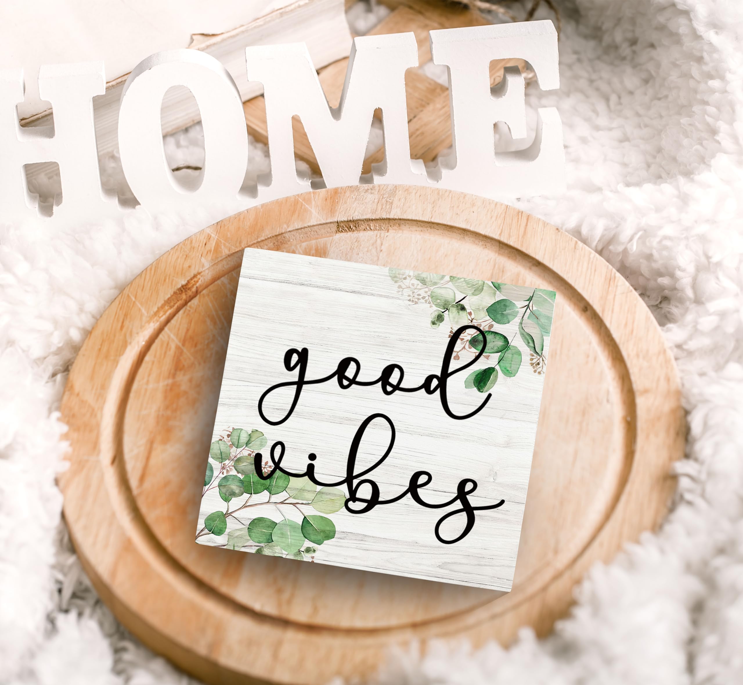 SRADMO Inspirational Botanical Eucalyptus Leaves Wood Box Sign Desk Decor, Rustic Green Eucalyptus Leaves Wooden Block Box Sign