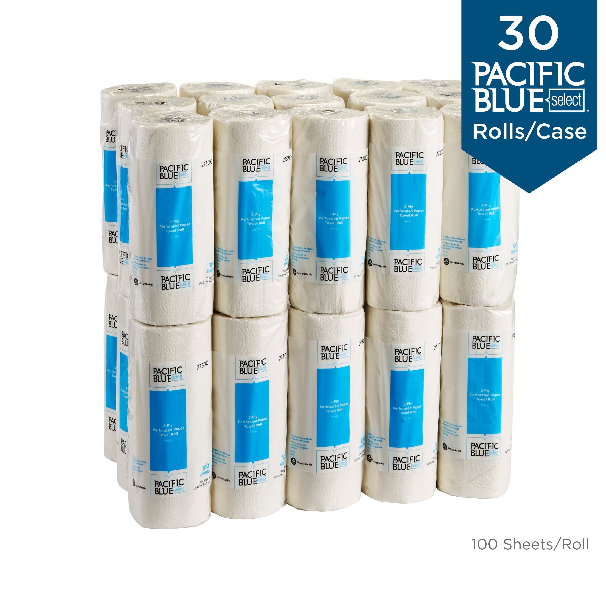 Pacific Blue Select 2-Ply Perforated Roll Paper Towels By Georgia-Pacific Pro, 100 Sheets Per Roll, 30 Rolls Per Case,White - 27