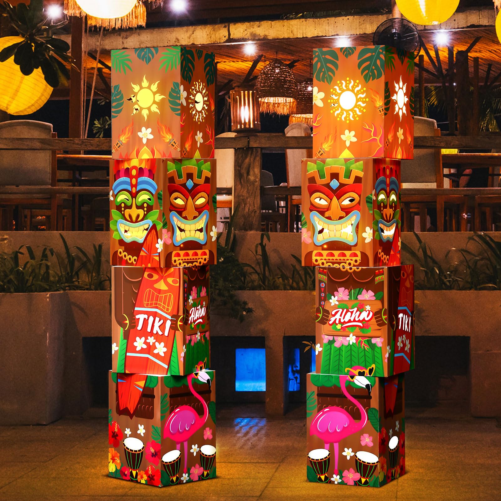 AmazingSpark 8 Pcs Tiki Totem Box Decor with Light Hawaiian Luau Party Decorations Tropical Aloha 7.87 x 7.09 Lighted Gift Boxes
