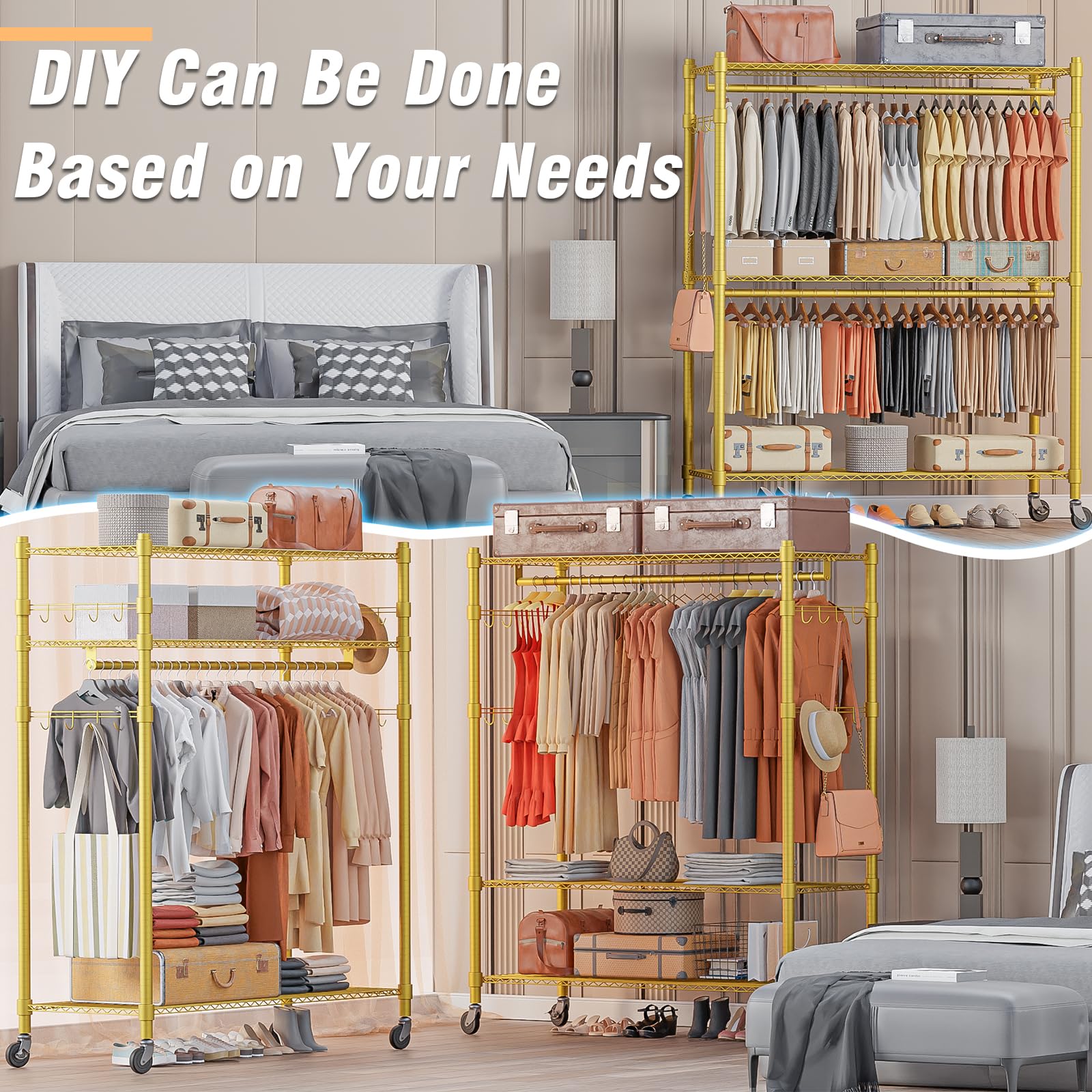 Homdox Rolling Garment Rack With Adjustable Wire Storage Racks, Heavy Duty Portable Closet For Hanging Clothes, Freestanding Clo