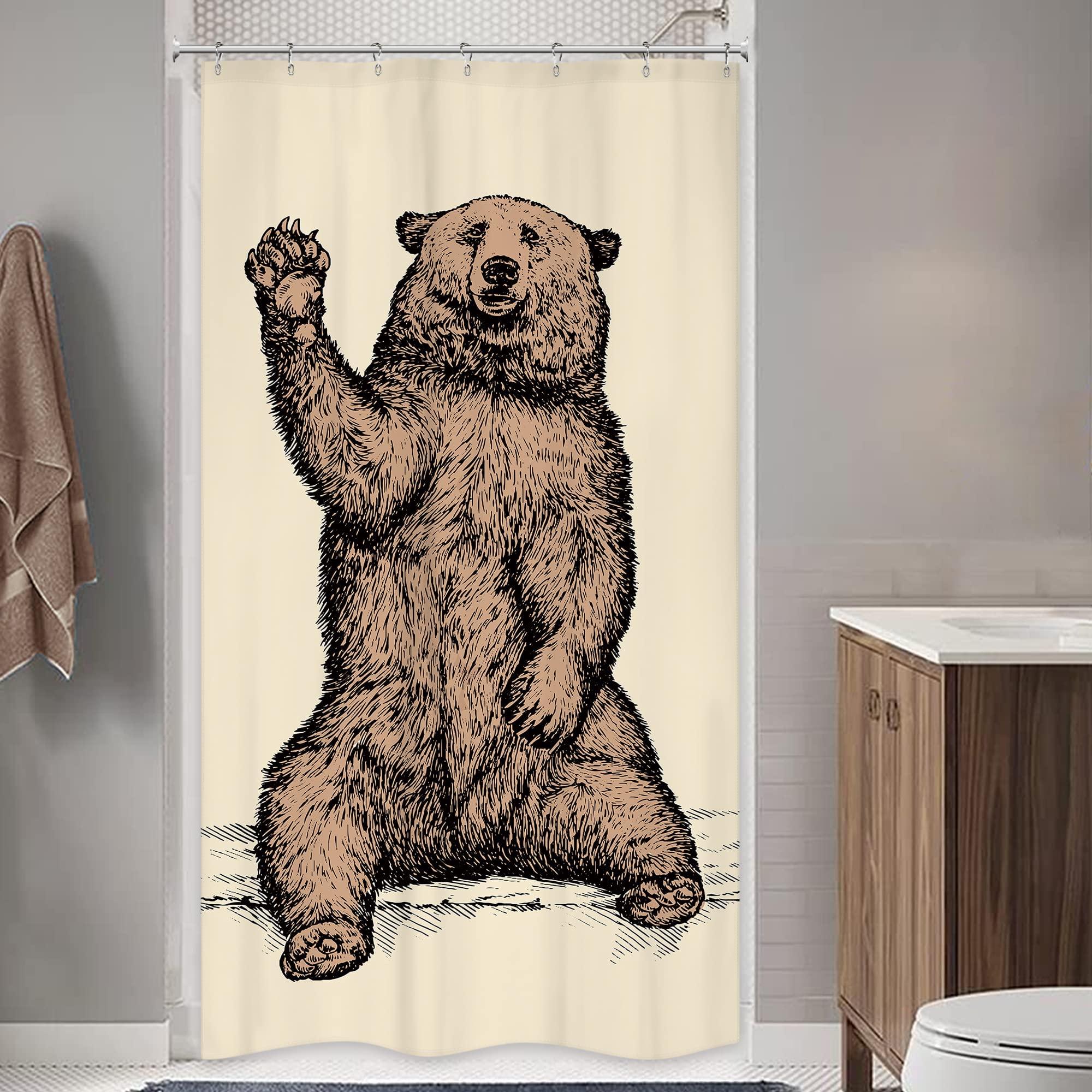 Riyidecor Funny Stall Small Bear Rv Shower Curtain 36Wx72H Inch Animal Narrow Half Single Walkin Standing Kids Brown Say Hello K