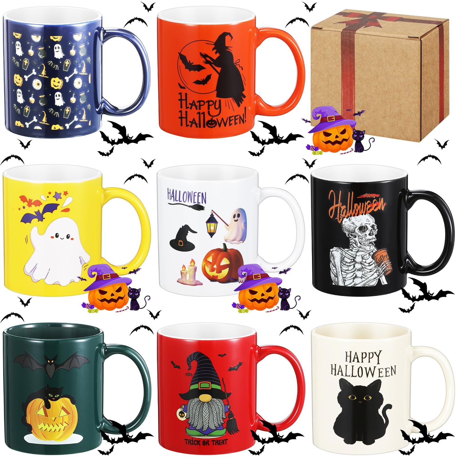 Maxdot 8 Pcs Halloween Ceramic Coffee Mugs Set 12 oz with Handle, Bright