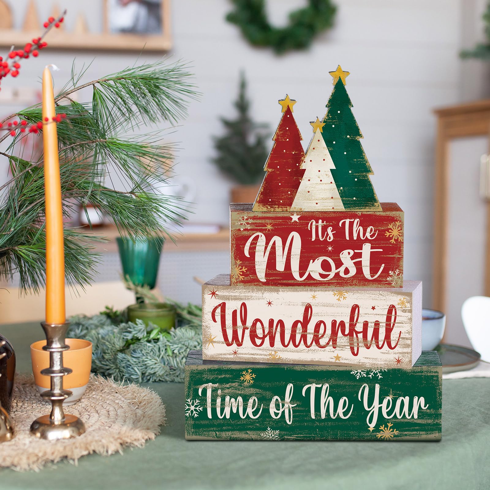 Moucuny 4 Pcs Christmas Decor Wooden Christmas Tree Tiered Tray Decor Xmas Centerpieces Farmhouse Wooden Block Set Xmas Table Si