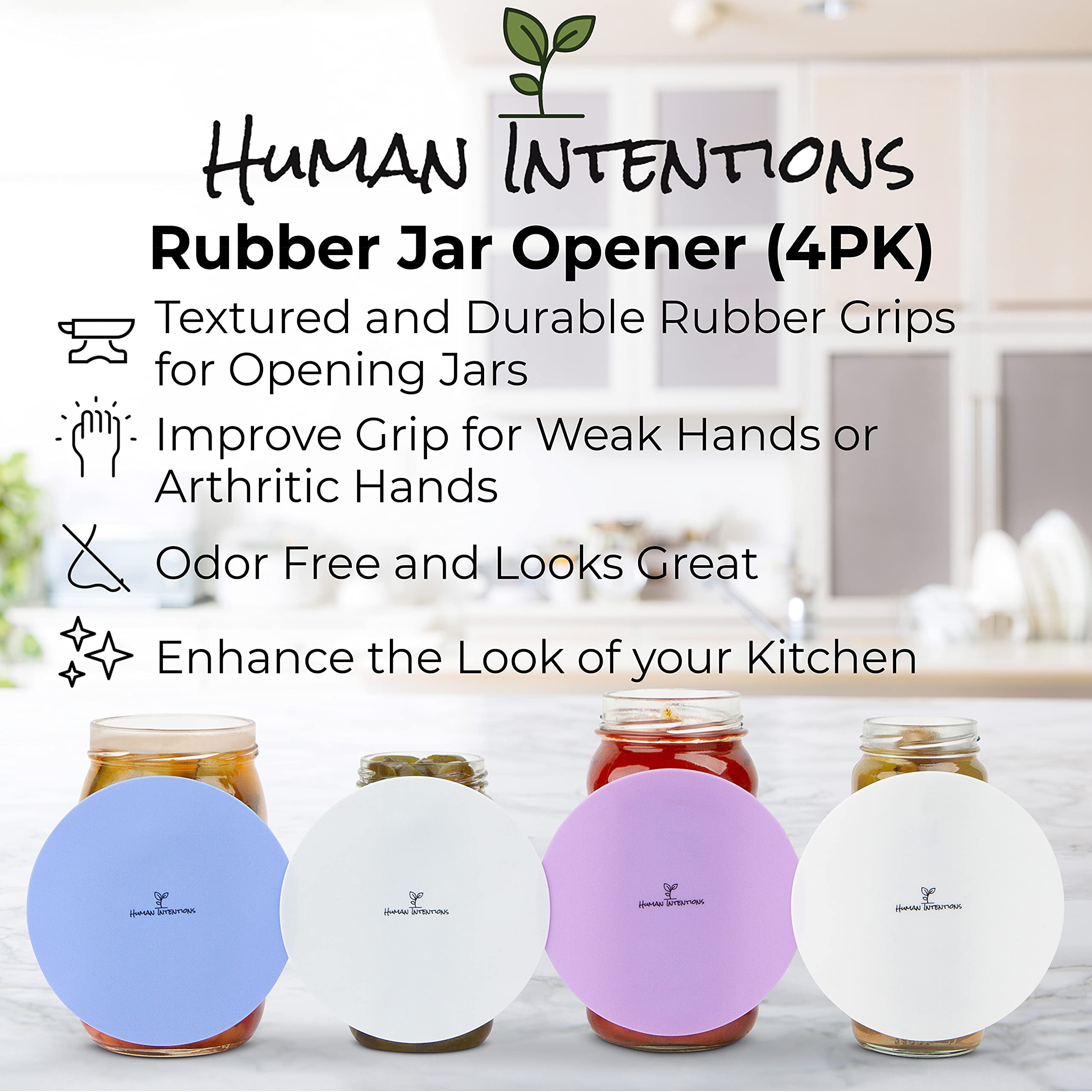 Human Intentions Jar Opener (4Pk) - Rubber Jar Gripper For Weak Hands - Bottle Opener For Arthritic Hands - Jar/Lid Opener Gripp