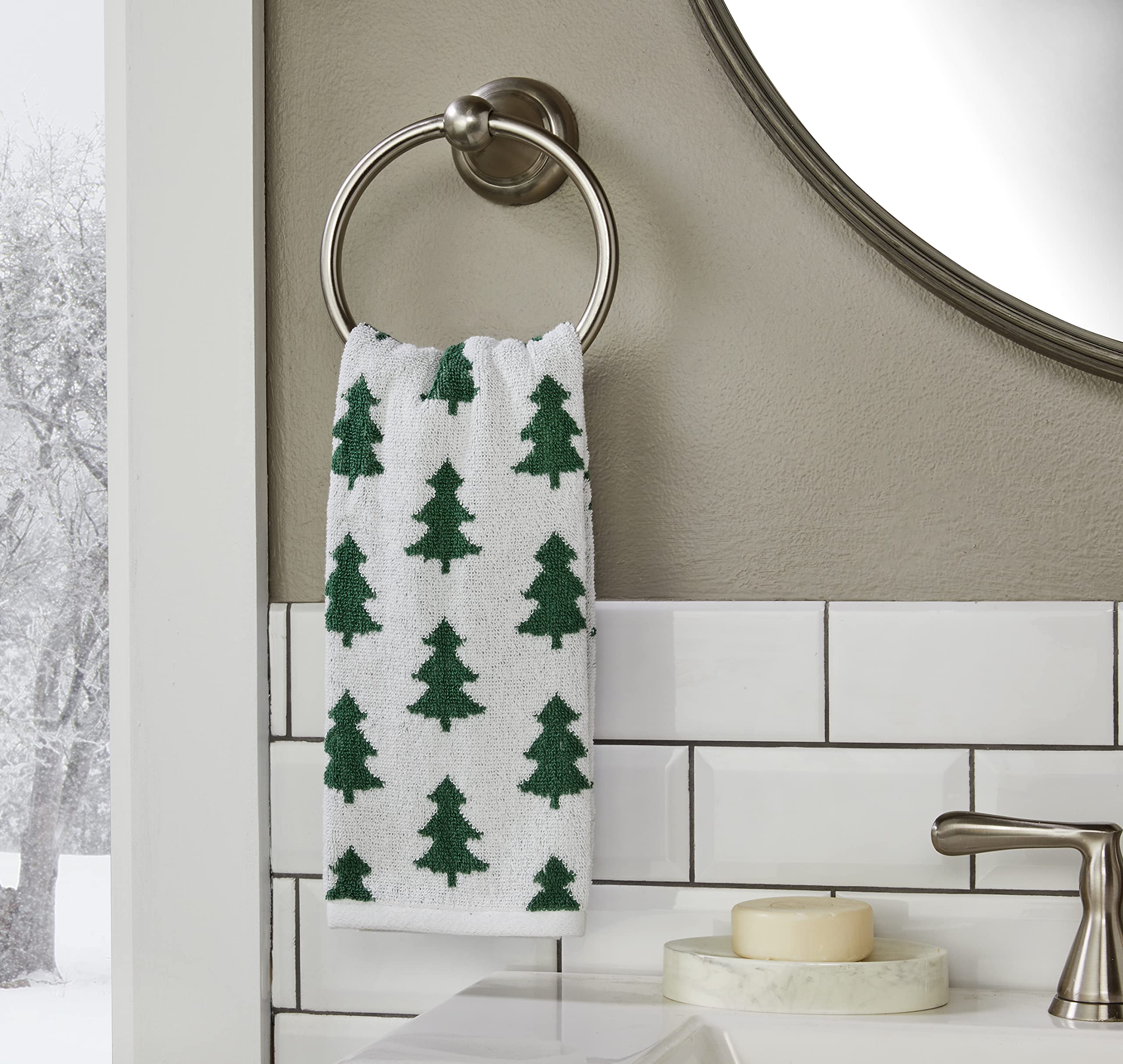 Skl Home Fall/Winter/Christmas Holiday Trees Hand Towel 2Pc Set For Bath/Kitchen/Bar & Gift, Green/White