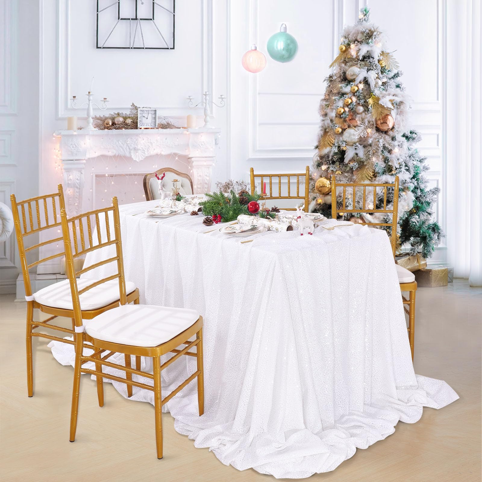 Queendream Sequin Tablecloth 90 X132 Inch White Rectangle Tablecloth Glitter Table Cloth Overlay Wedding Birthday Christmas Deco