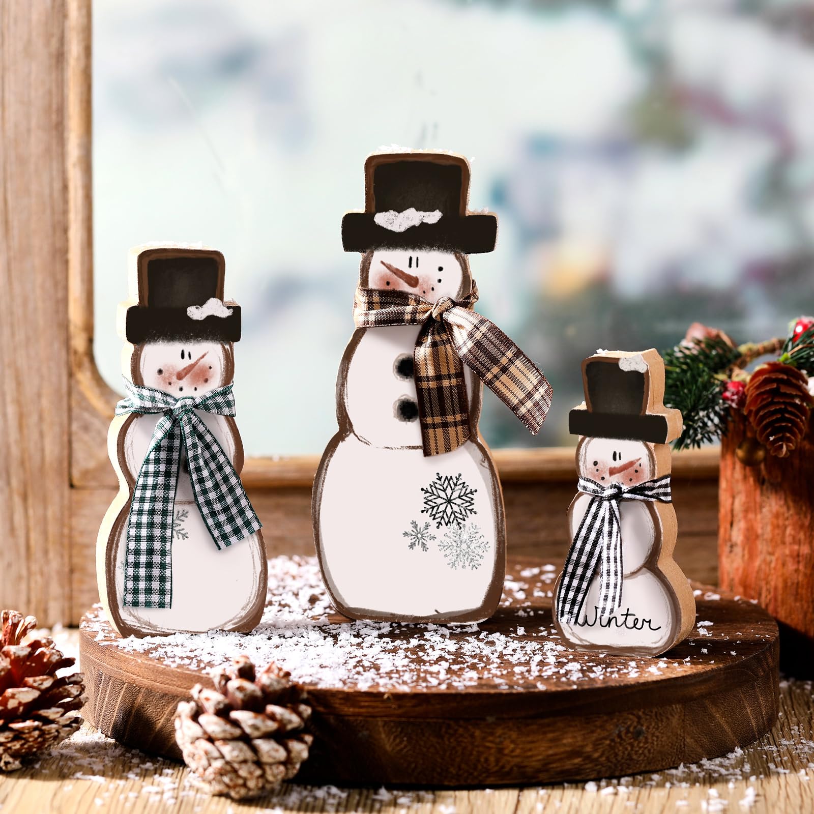 Suzile 3 Pcs Christmas Snowman Table Decorations Winter Wooden Snowman Centerpiece Block Signs Tiered Tray Desktop Figurine for