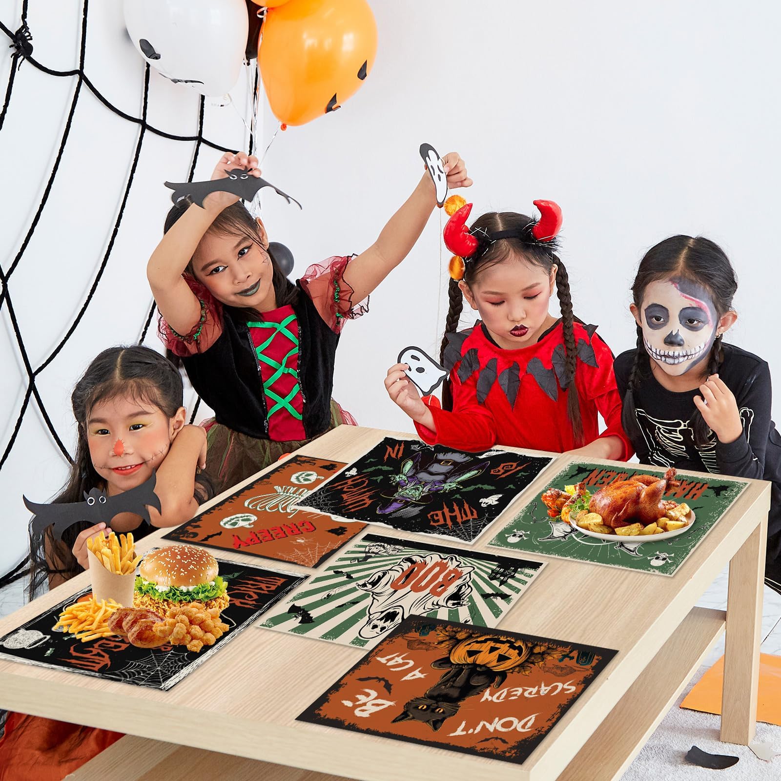 Halloween Placemats Set Of 6 Vintage Plastic Table Mats Black Cat Place Mats Washable Ghost Witch Bat Rectangle Skull Table Deco