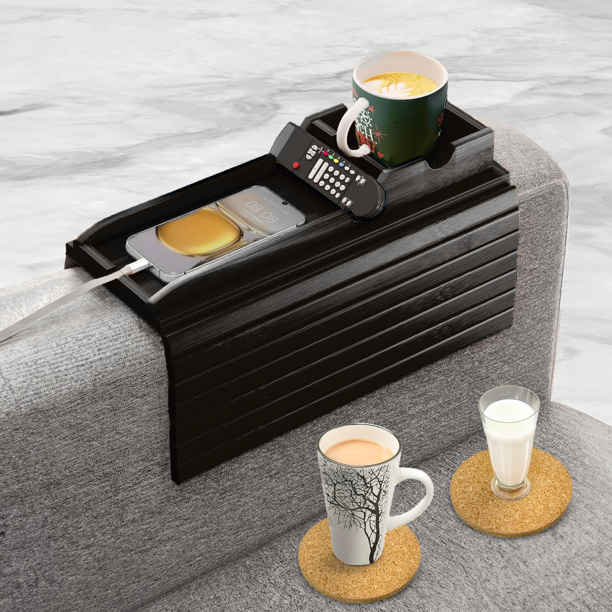 Couch Cup Holder With 2 Cork Coasters | Couch Caddy With Detachable Couch Cup Holder Tray | Anti-Slip Foldable Sofa Table Tray -