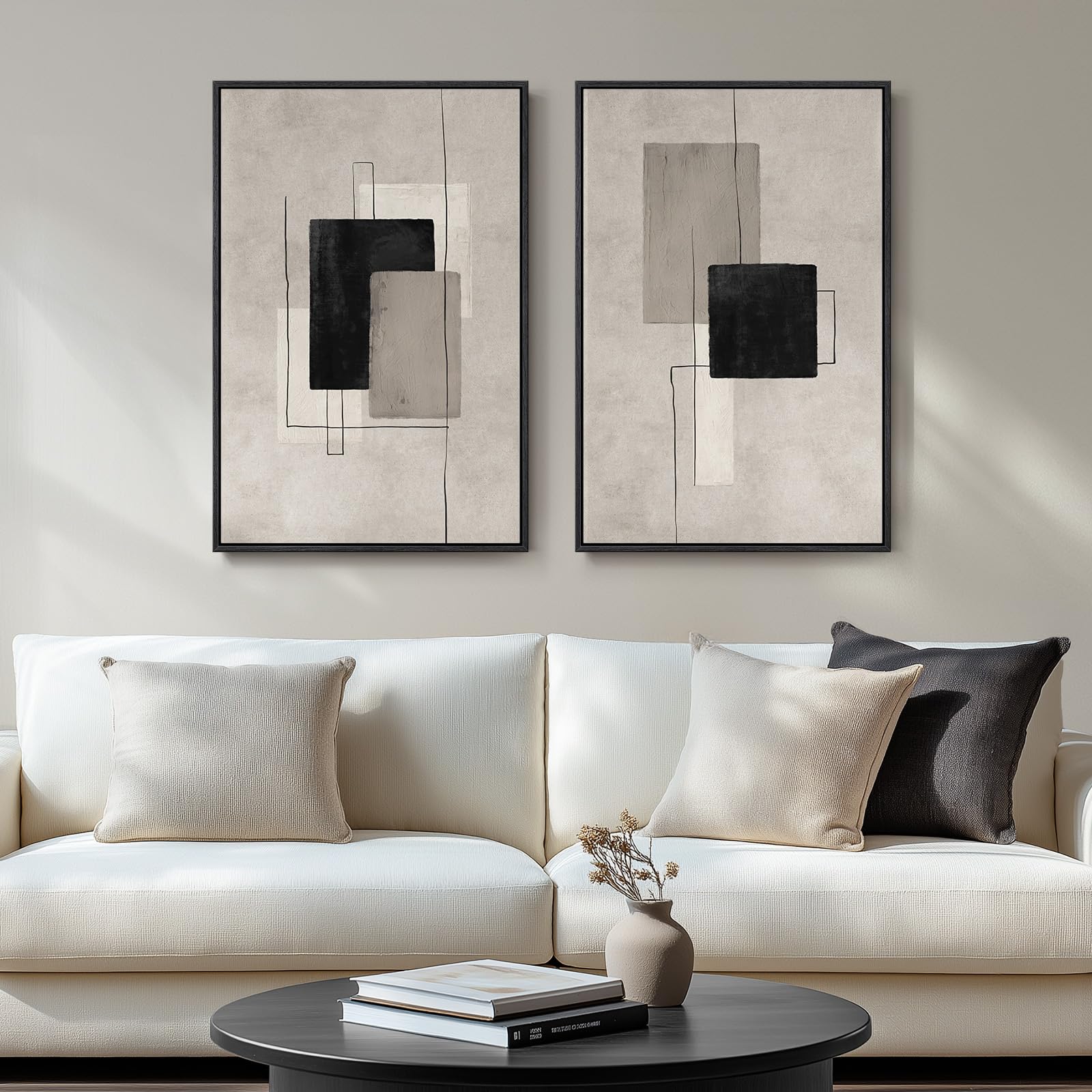 Large Framed Neutral Abstract Wall Art For Living Room, Set Of 2 Black And Beige Modern Canvas Prints Paintings Artwork For Wall