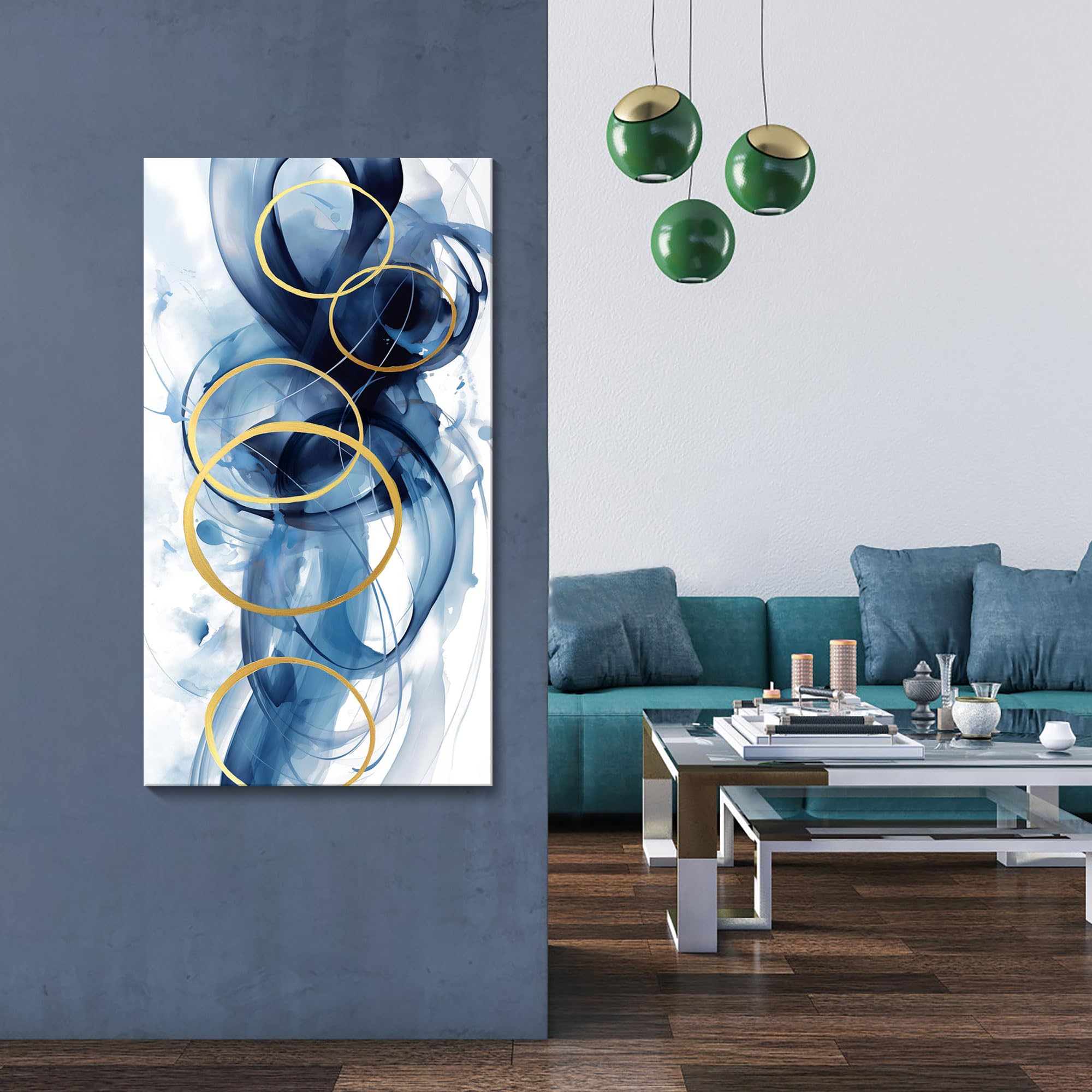 Hkdgoka Wall Art Living Room - Large Abstract Canvas Gold Blue Gradient Canvas Paintings Wall Artwork Modern Office Bedroom Pict