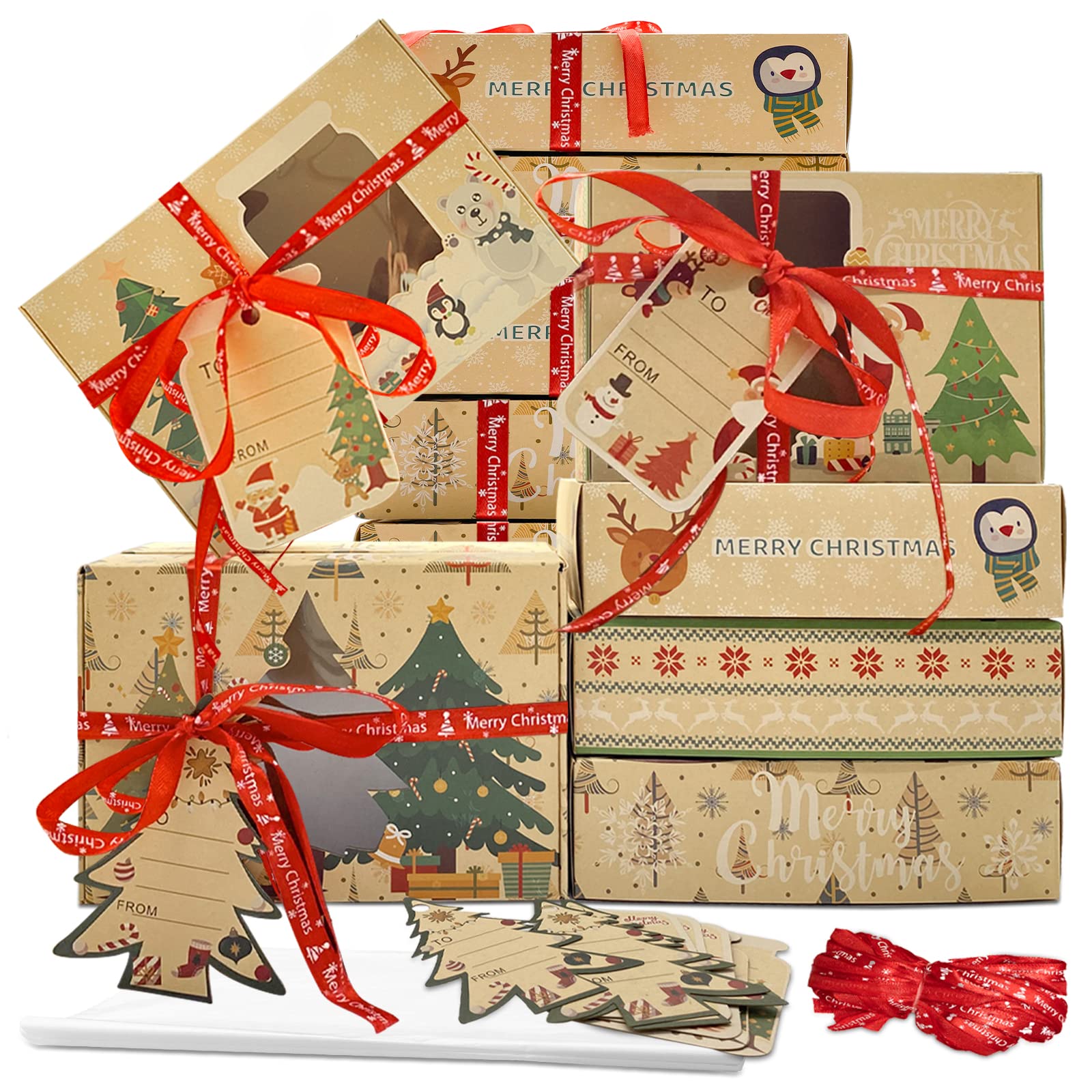 12 Packs Christmas Cookie Boxes With Window,Bakery Treat Boxes Gift Baking Box Christmas Kraft Gift Boxes With Ribbons And Diy G