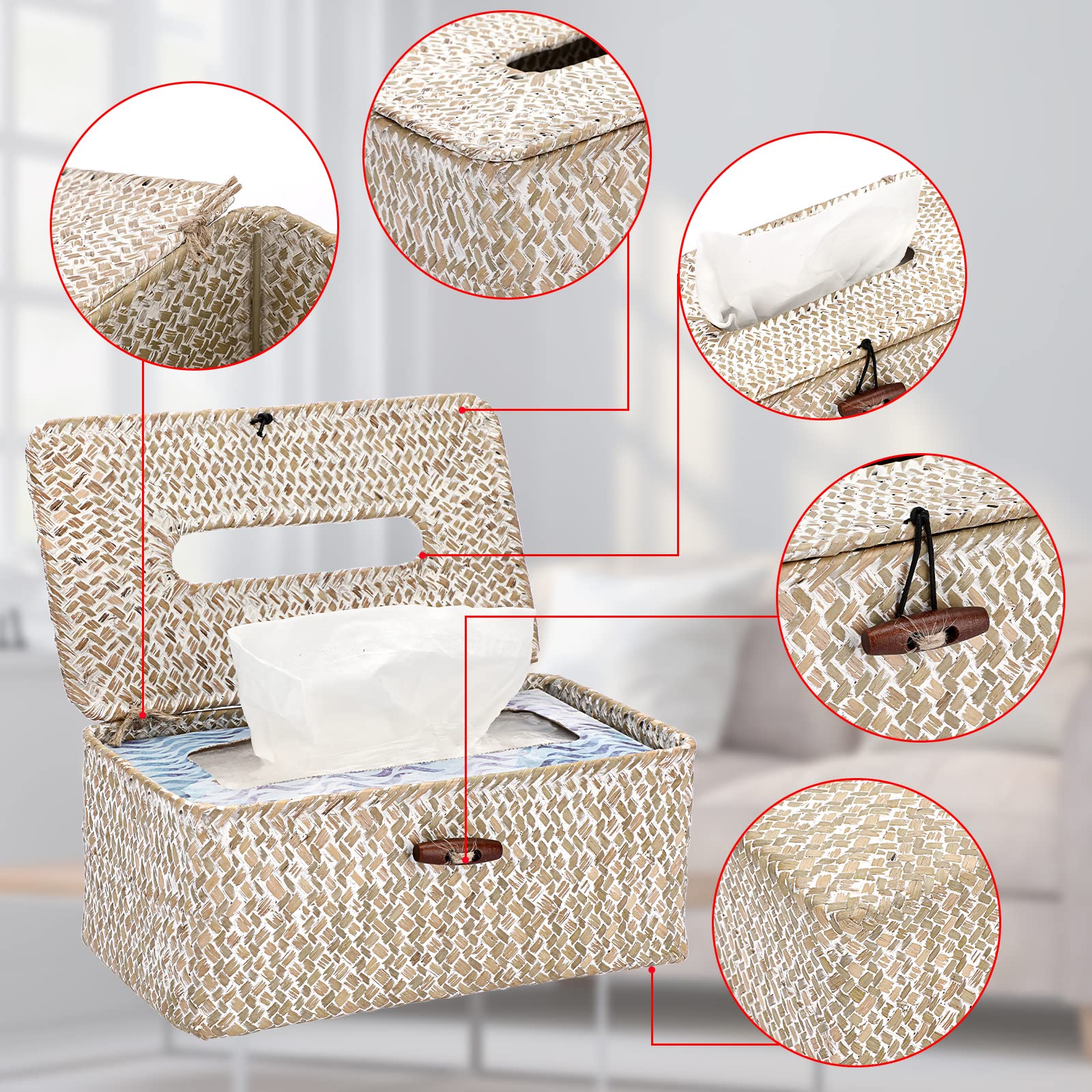 Sumnacon Rectangle Natural Seagrass Tissue Box Cover,Woven Tissue Box With Bottom,Farmhouse Tissue Box Holder For Living Room Ba