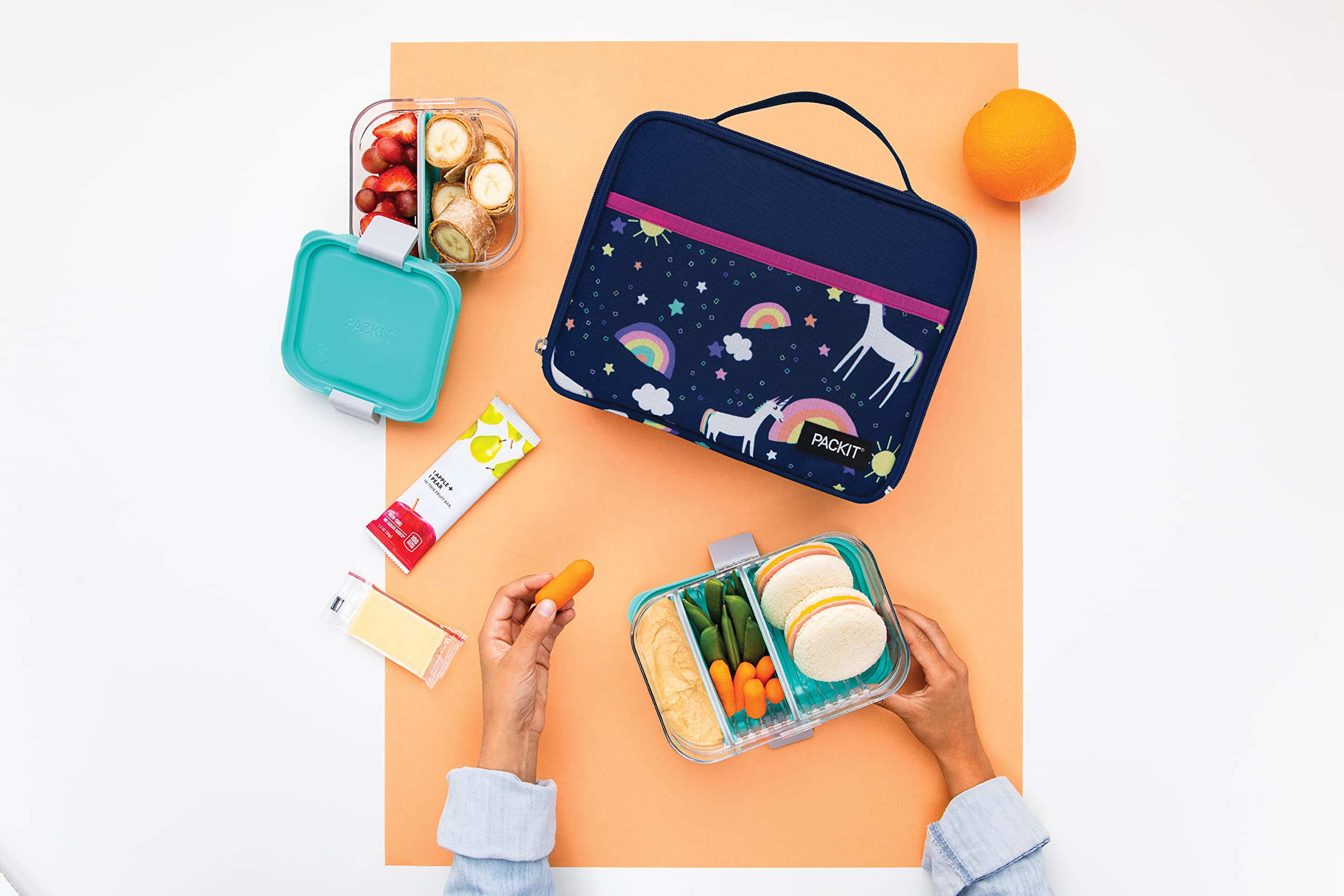 Packit Freezable Classic Lunch Box, Unicorn Sky Navy, Built With Ecofreeze Technology, Collapsible, Reusable, Zip Closure With Z