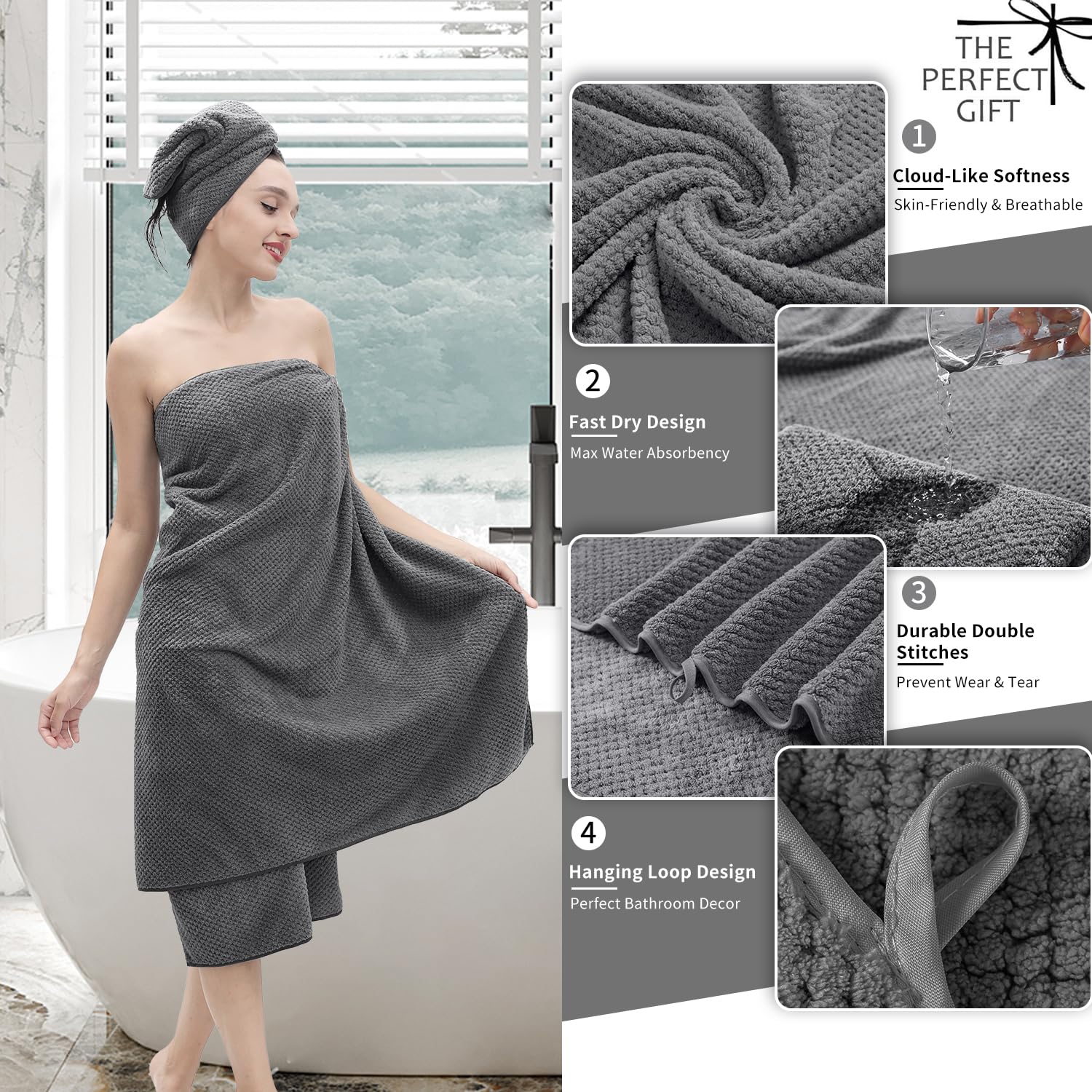 8 Piece Bathroom Towel Set Dark Gray 2 Oversized Large Bath Towels Sheet 2 Hand Towels and 4 Washcloths 600GSM Ultra Soft Luxury Premium Towel Set Highly Absorbent Quick Dry Hotel Towel Collection