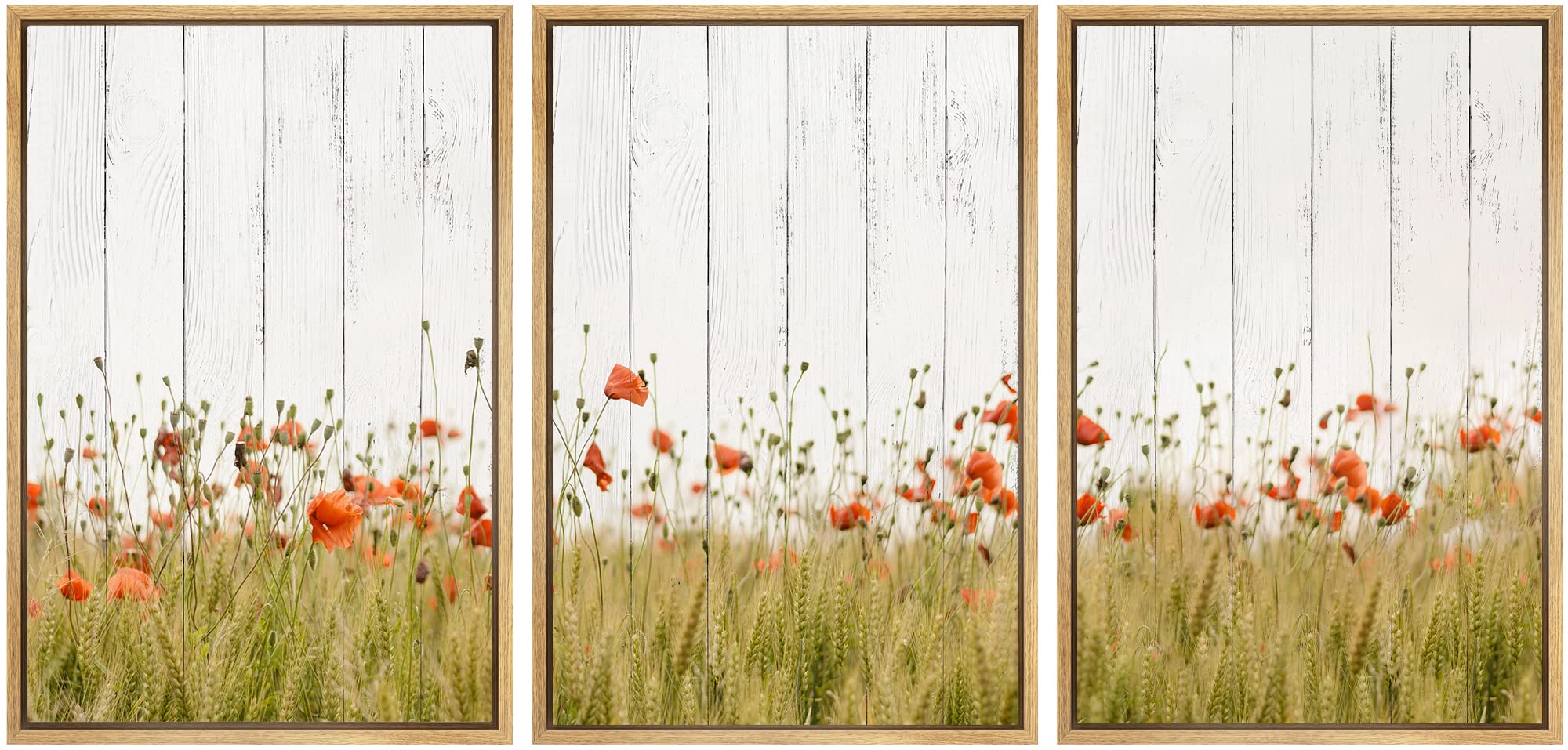 Signwin Framed Canvas Print Wall Art Set Wood Panel Style Country Poppy Flowers Nature Wilderness Illustrations Modern Art Decor