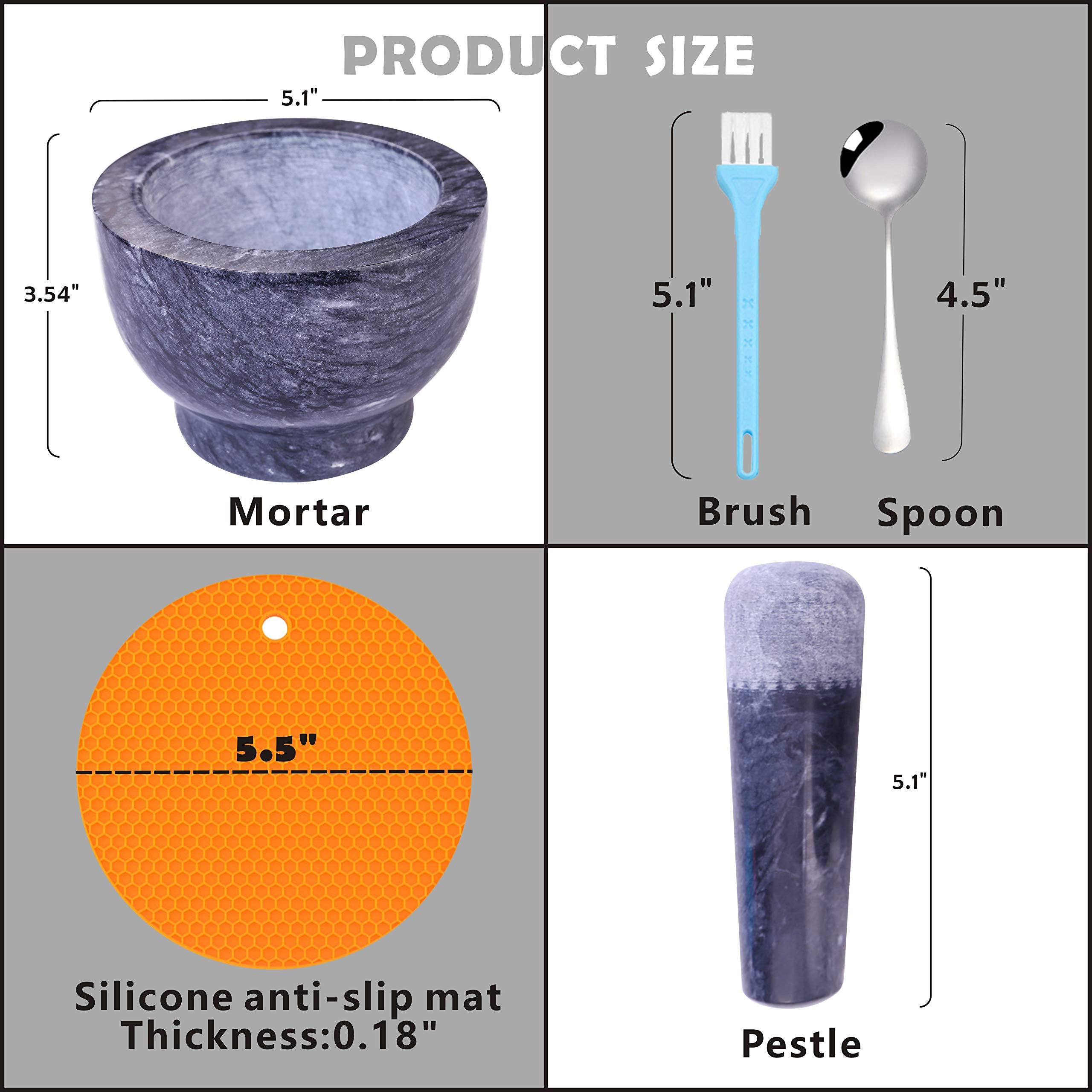 Aisiming Mortar and Pestle Set Polished Natural Marble Guacamole Molcajete Bowl  Spices Grinder with Silicone Pad  Stainless Steel Spoon and Brush  300ml Capacity Crusher(Medium  Dark Gray)