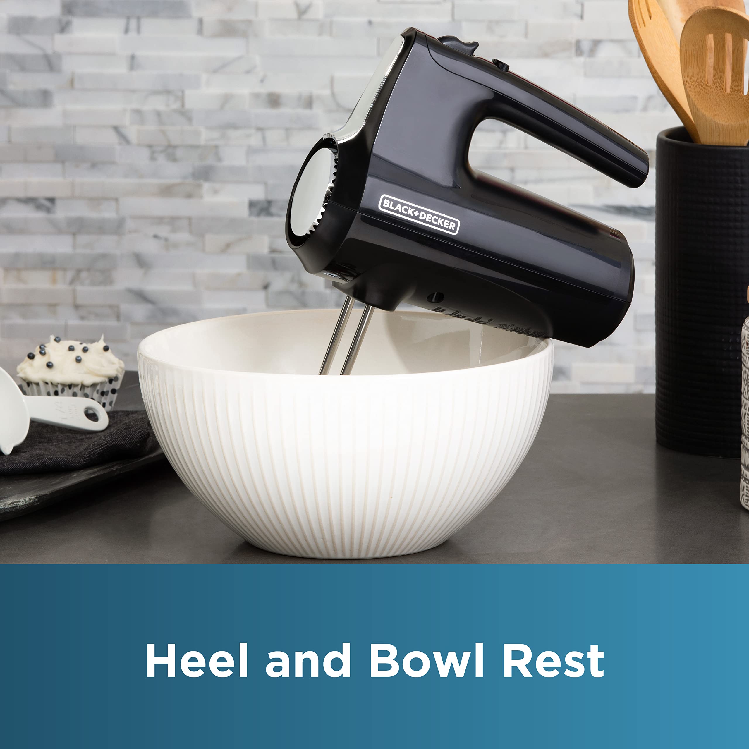 Black+Decker 5 Speed Electric Hand Held Mixer, Helix Beaters, Whisk, And Dough Hook Attachments, Turbo Boost, Snap-On Storage Ca