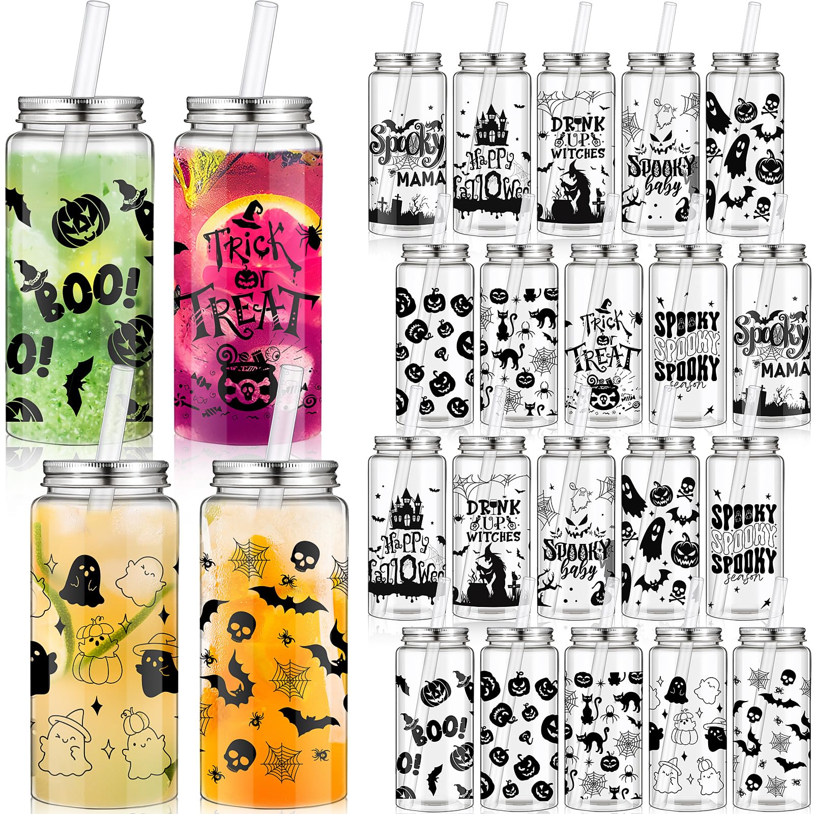 Pickmesh 24 Pcs Halloween Plastic Cups 13.5 oz Clear Reusable Cups with Lids and Straws with 12 Styles Ghost Tumbler for Hallowe