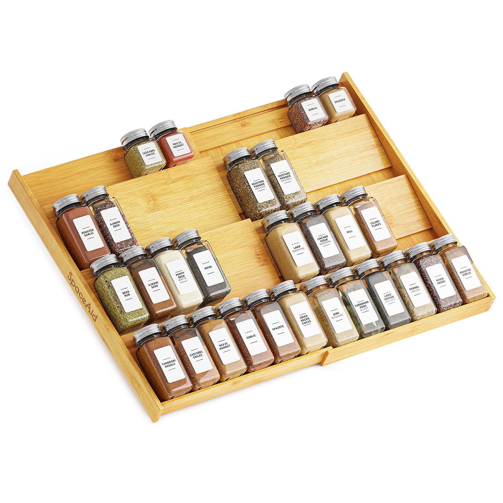 SpaceAid Bamboo Spice Drawer Organizer, (Need 3'' Deep Drawer) Expandable 4 Tier Spices Rack for Cabinet, Kitchen Seasoning Stor