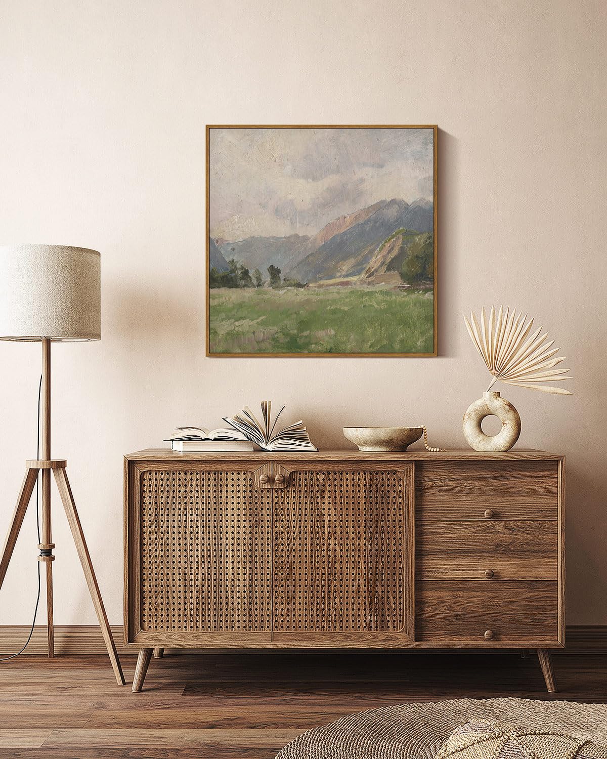 Insimsea Square Framed Canvas Wall Art, Large Decor Retro Prairie Mountain Landscape Paintings, Nature Wall Pictures For Bedroom