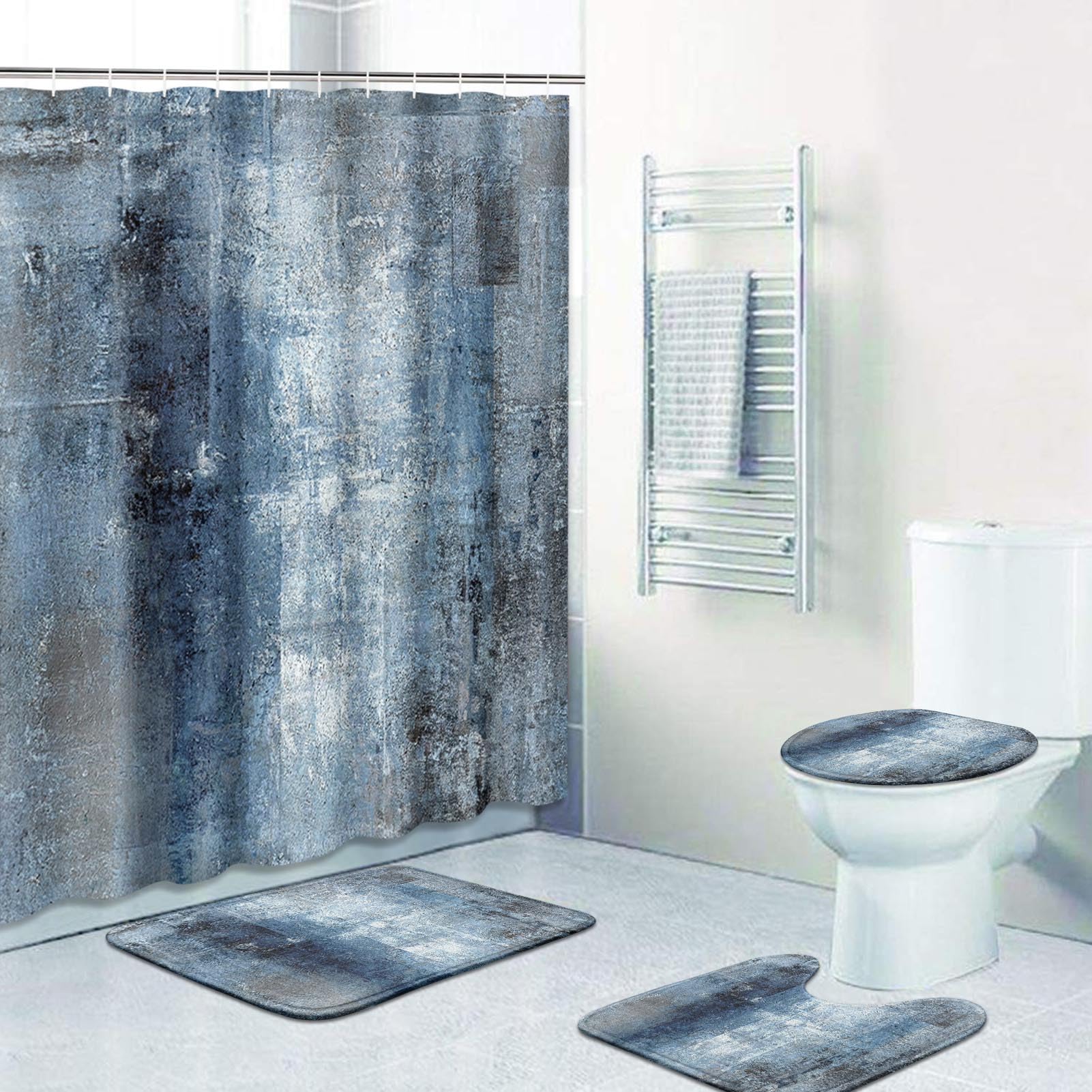 Artsocket Blue Grey Abstract Bathroom Set With Shower Curtain And Rugs Accessory, Painting Gray Vintage Retro Abstract Shower Cu