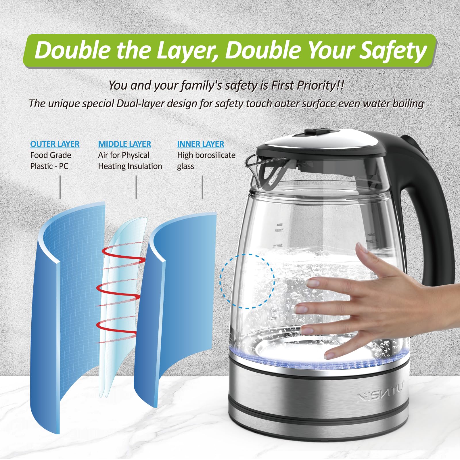 Double Glass Electric Kettle 1.7L Cordless Water Boiler, Tea Heater With Auto Shutoff & Dry Production For Boiling Hot Water,Led