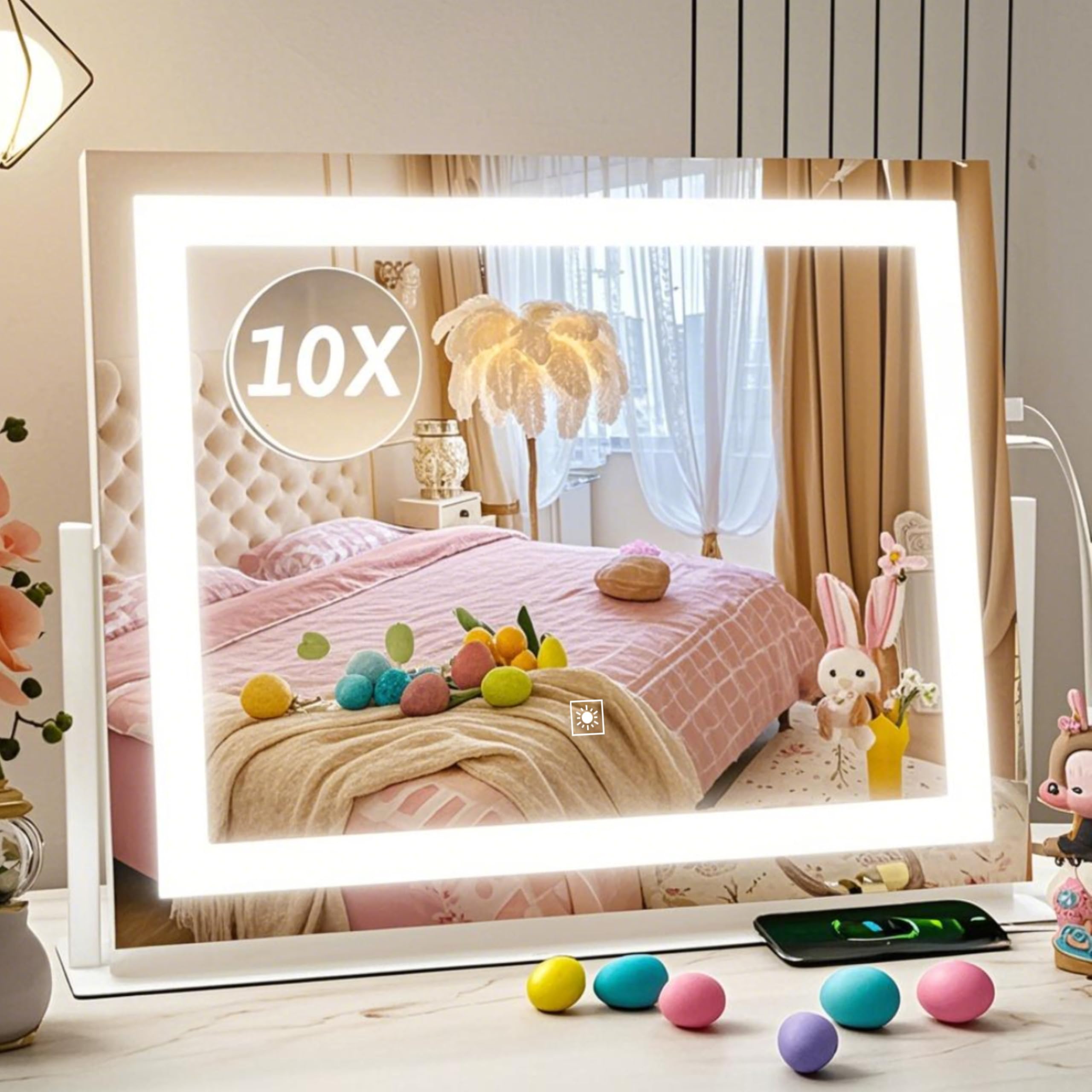 Rolove Vanity Mirror With Lights 22''X18'', Lighted Makeup Mirror With 10X Magnification, Smart Touch 3 Colors Dimmable, 360 Rot