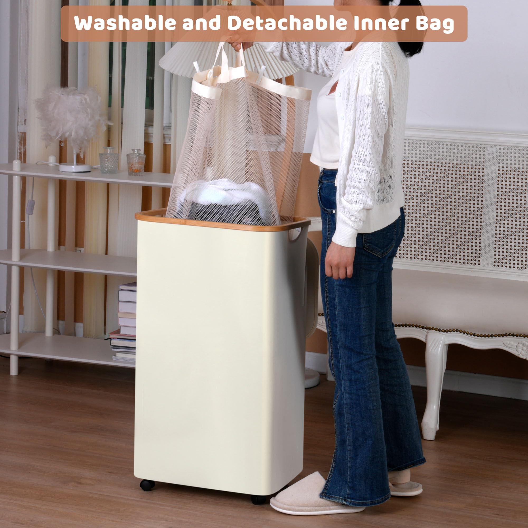 Iegrow Laundry Basket With Wheels, 110L Beige Clothes Hamper For Laundry, Laundry Hamper With Lid And Inner Bag, For Laundry Roo