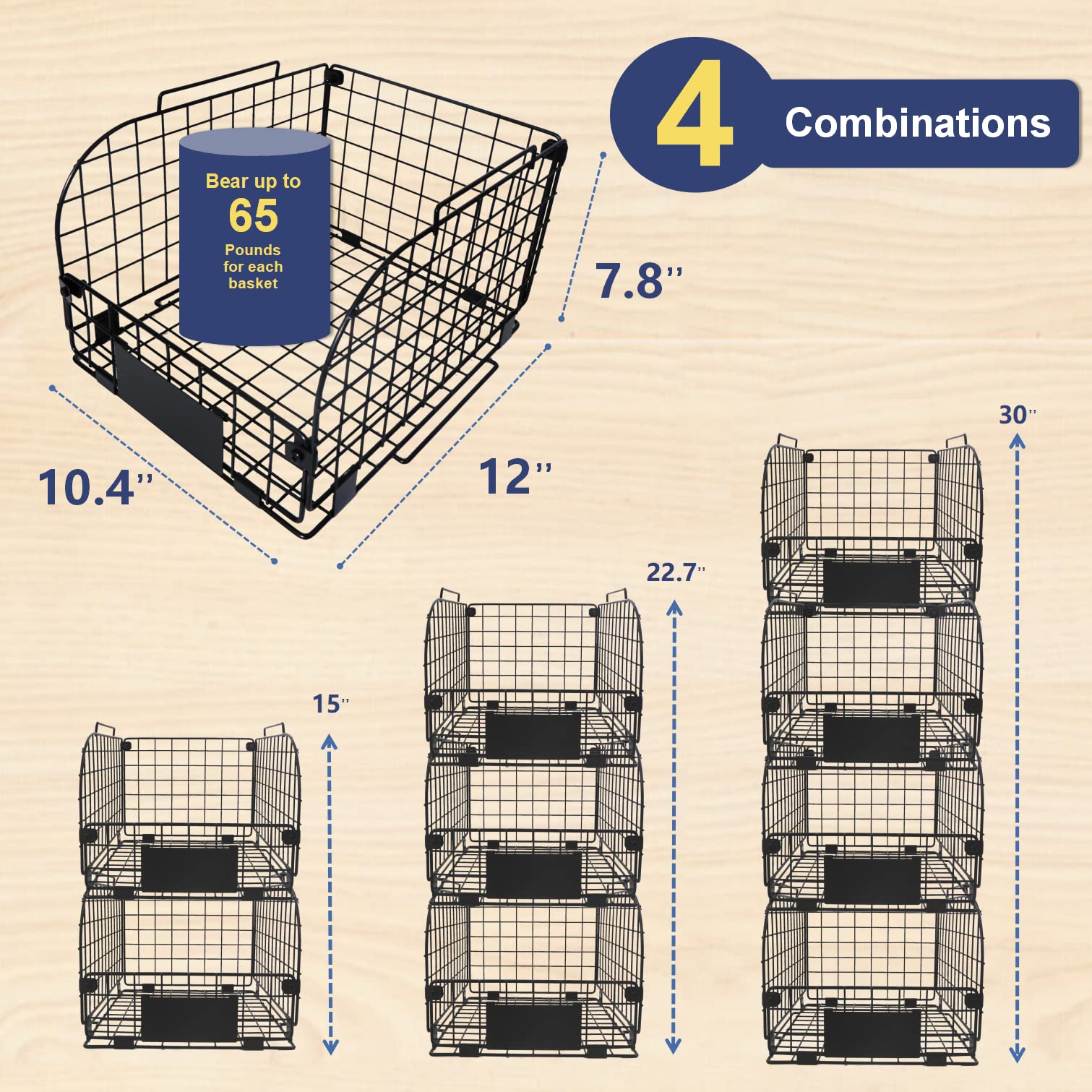 4 Pack Wire Stackable Baskets For Organizing,Fruit Basket For Kitchen,Pantry Organizers And Storage,12''X10.4''X7.8'' Metal Bask