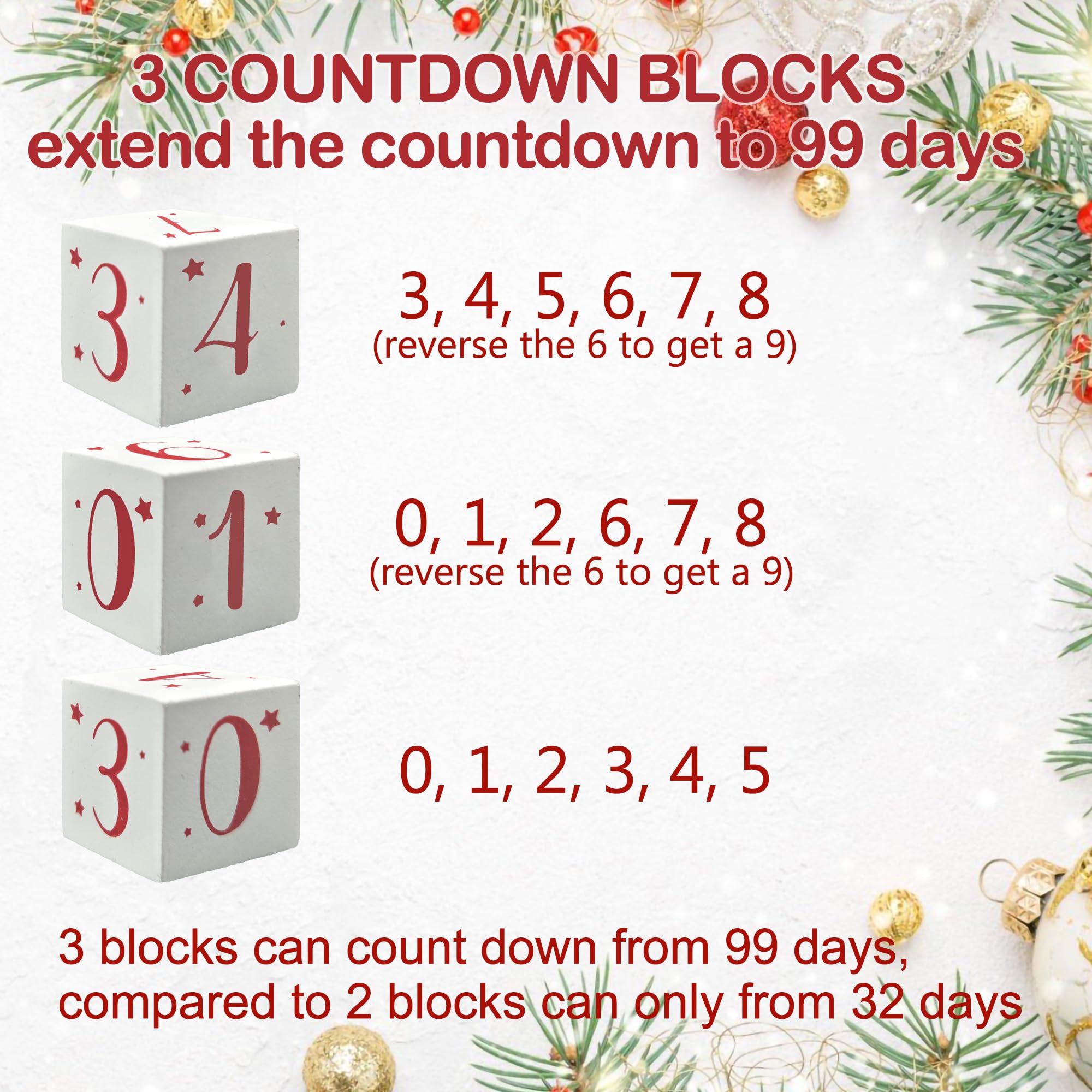 Christmas Tree Countdown Block LED Lighted 99 Days Until Christmas Wreath Calendar Tabletop with Timer Number Date Rustic Wooden