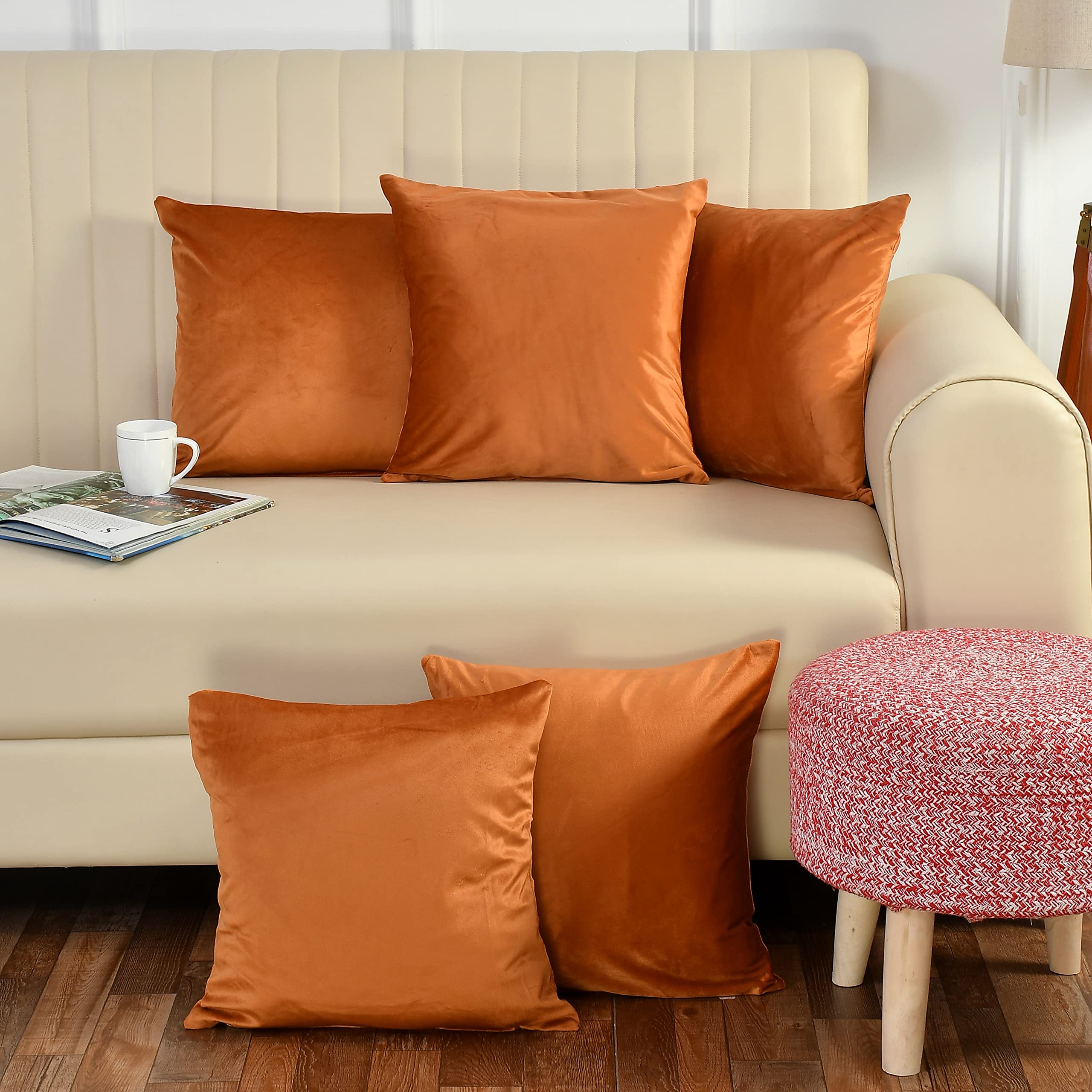 Stuffique Velvet Throw Pillow Cover 190 Tc Solid Plain Cushion Covers Set Of 5 For Sofa Couch Bed Chair 12 X 12 Inch, Orange