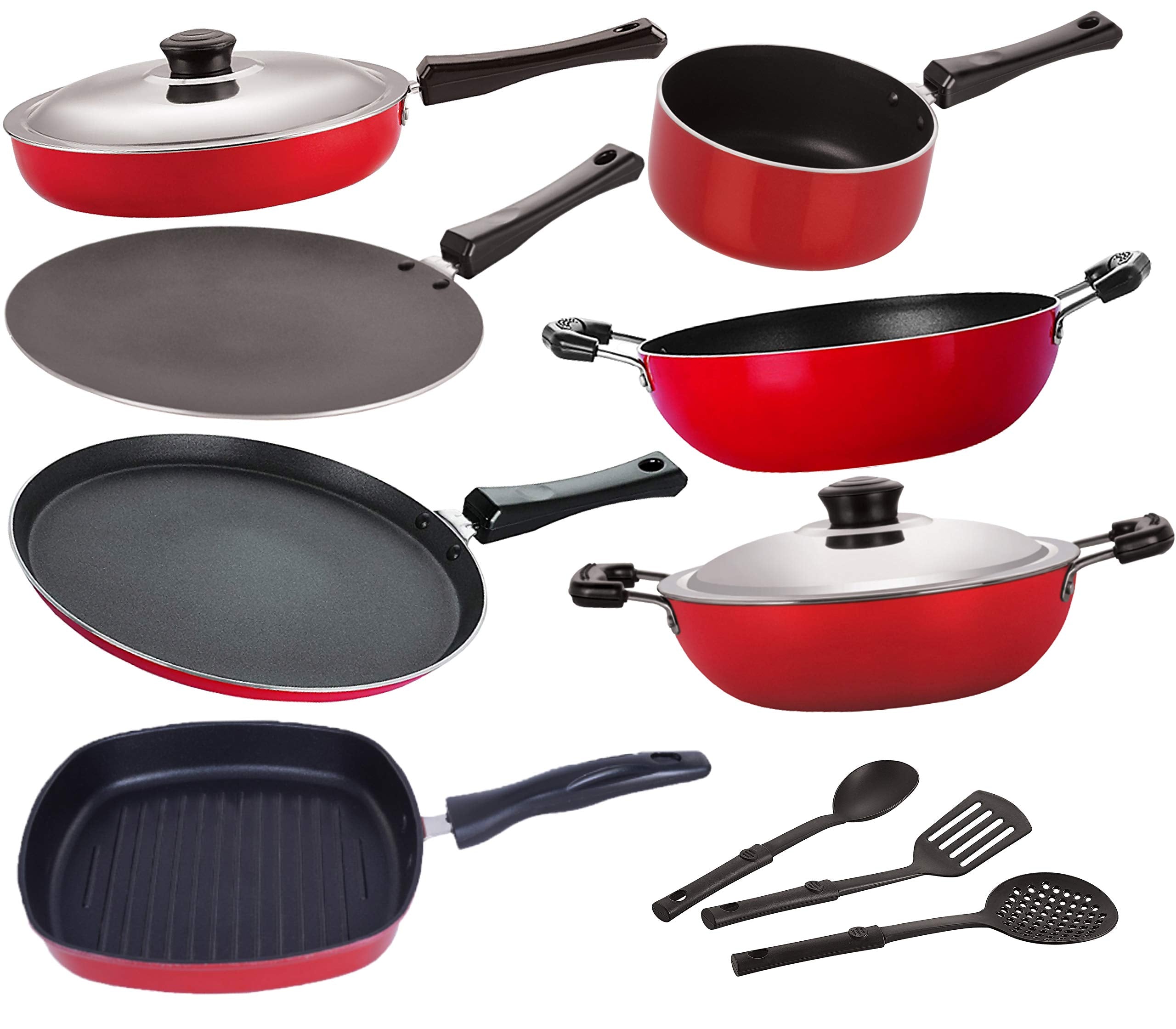 Nirlon NonStick Coated Aluminium Cookware Set For Home Kitchen Gas Friendly  10 Piece [Ft12_Ct12_Fp12_Dkdb_Kd12_Sp(M)_Gp24_3S