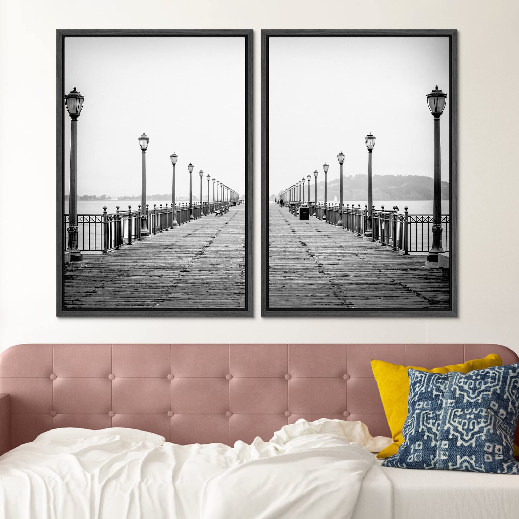 Signford Framed Canvas Print Wall Art Black And White California Beach Boardwalk Pier Cities Architecture Photography Modern Boh