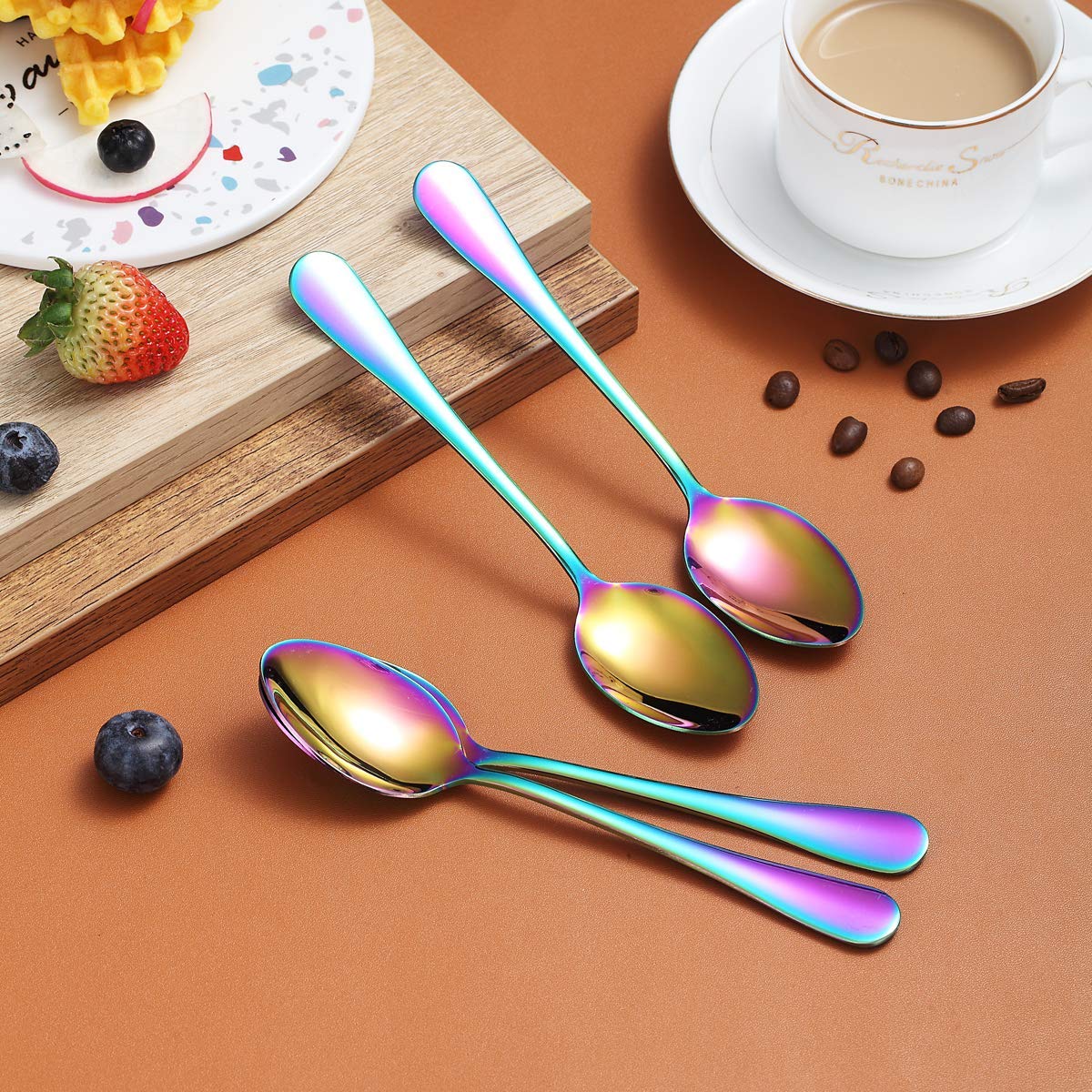 Rainbow Teaspoons 6.5'' Set Of 4, Berglander Stainless Steel Titanium Plating Shiny Mutil-Color Tea Spoons Silverware, Colorful