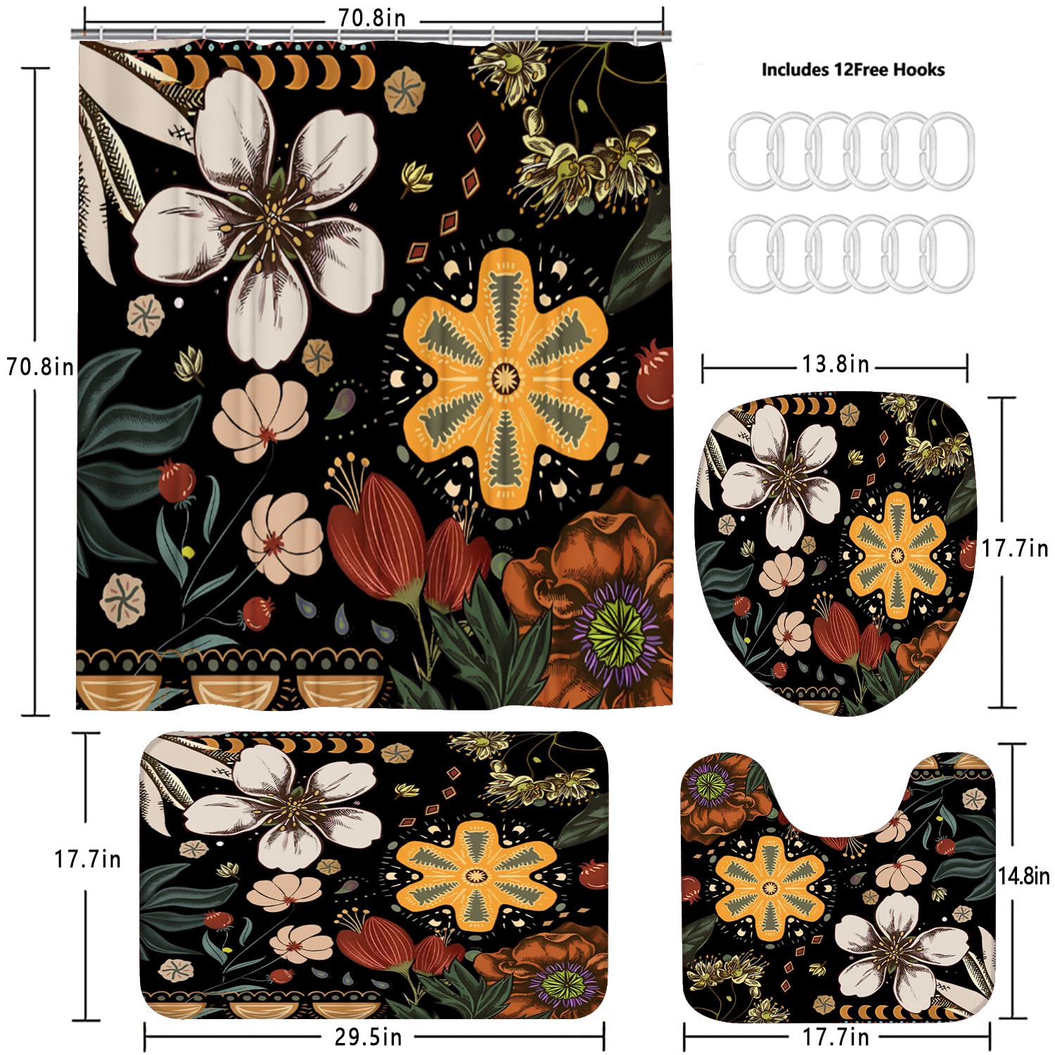 Xswpl Shower Curtain Set 4 Pcs Black Bathroom Sets With Shower Curtain And Rugs Boho Bathroom Curtains Shower Set Bathroom Decor