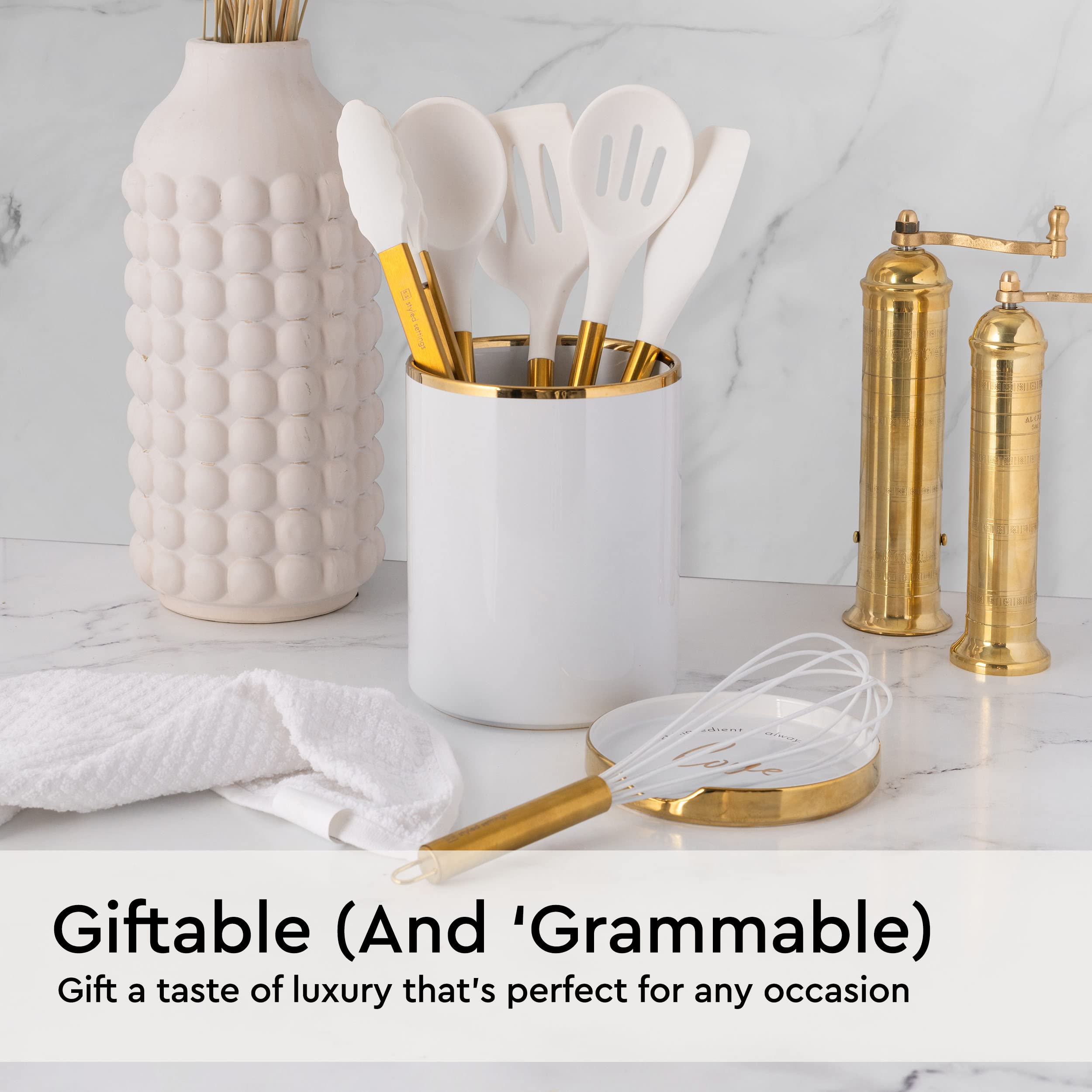 Styled Settings White Silicone And Gold Kitchen Utensils Set For Modern Cooking And Serving, Stainless Steel Gold Cooking Utensi